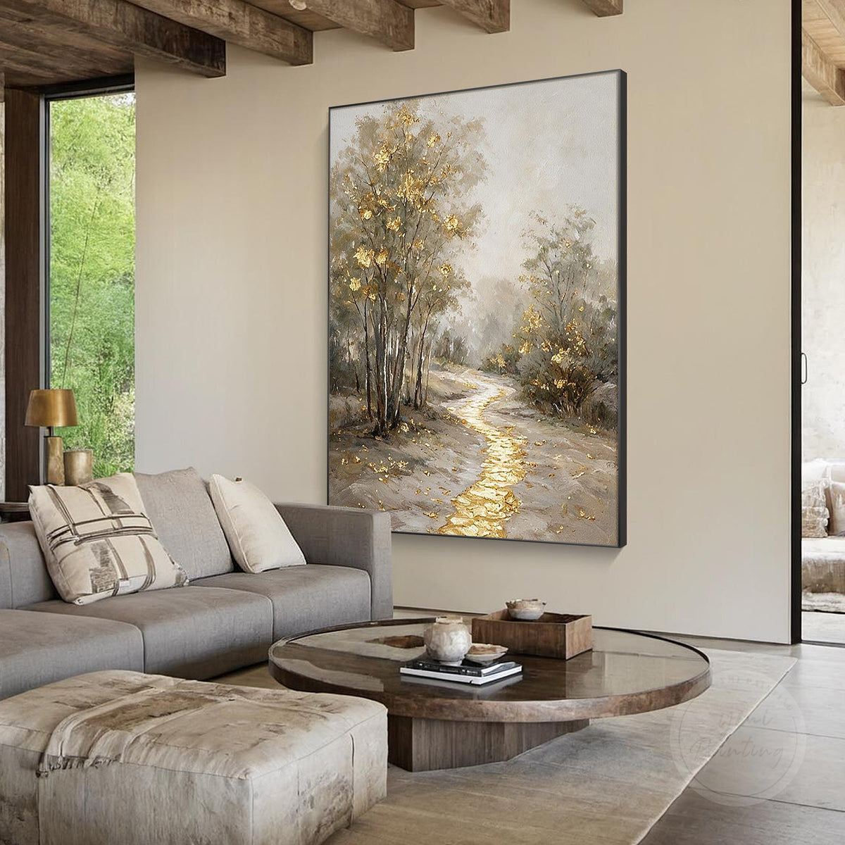Golden forest path tree art, side angle