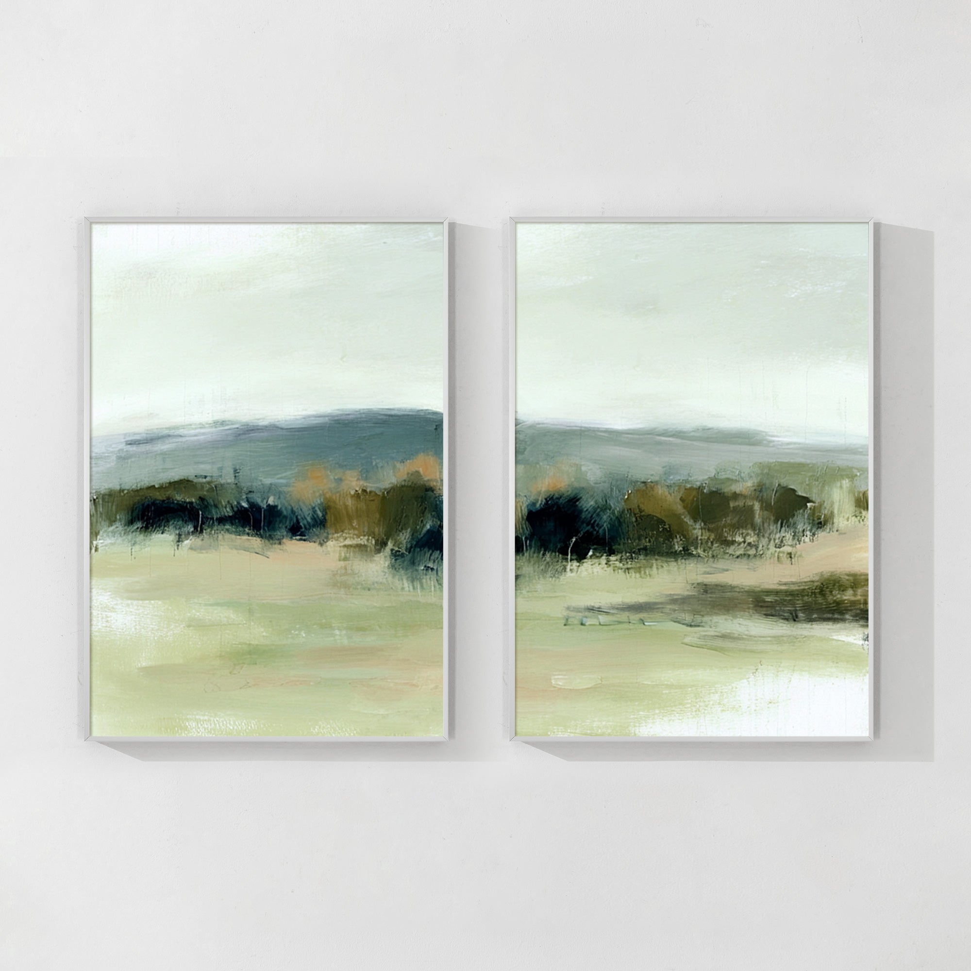 green abstract landscape wall art set above modern living room sofa
