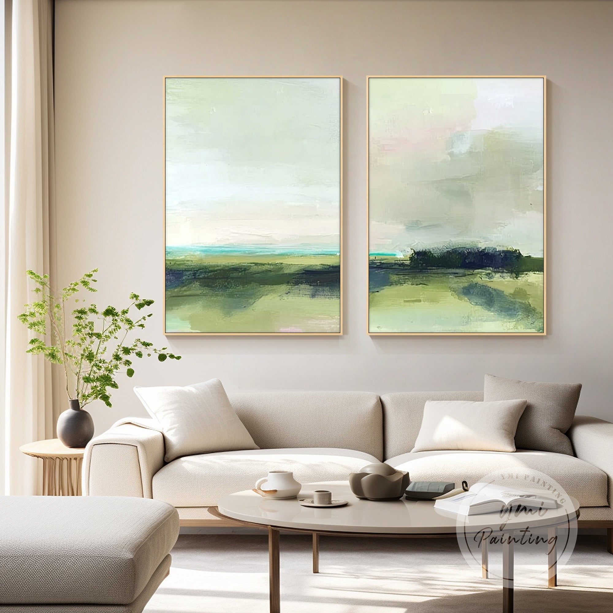 green blue diptych canvas wall art in modern dining room decor