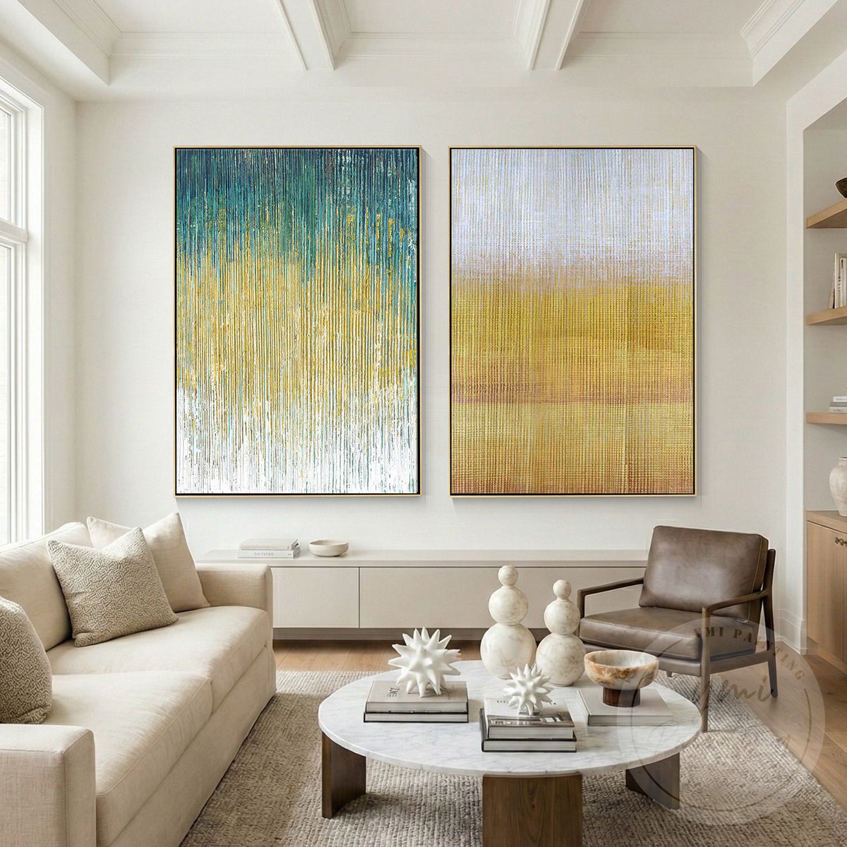 Green and gold abstract diptych wall art with two canvas panels