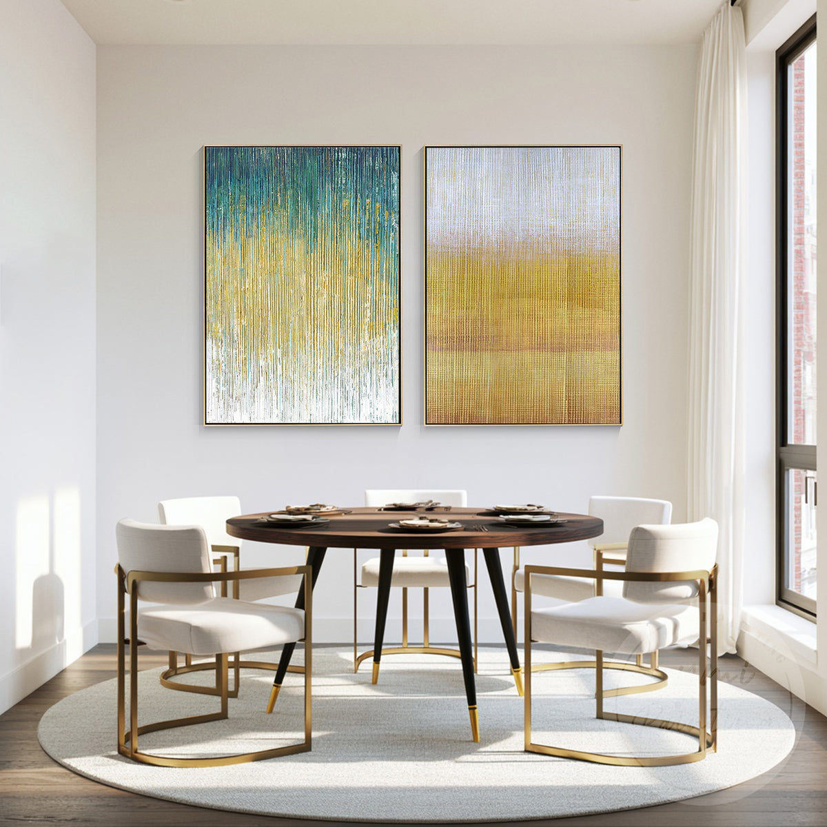 Green and gold abstract diptych wall art in a living room