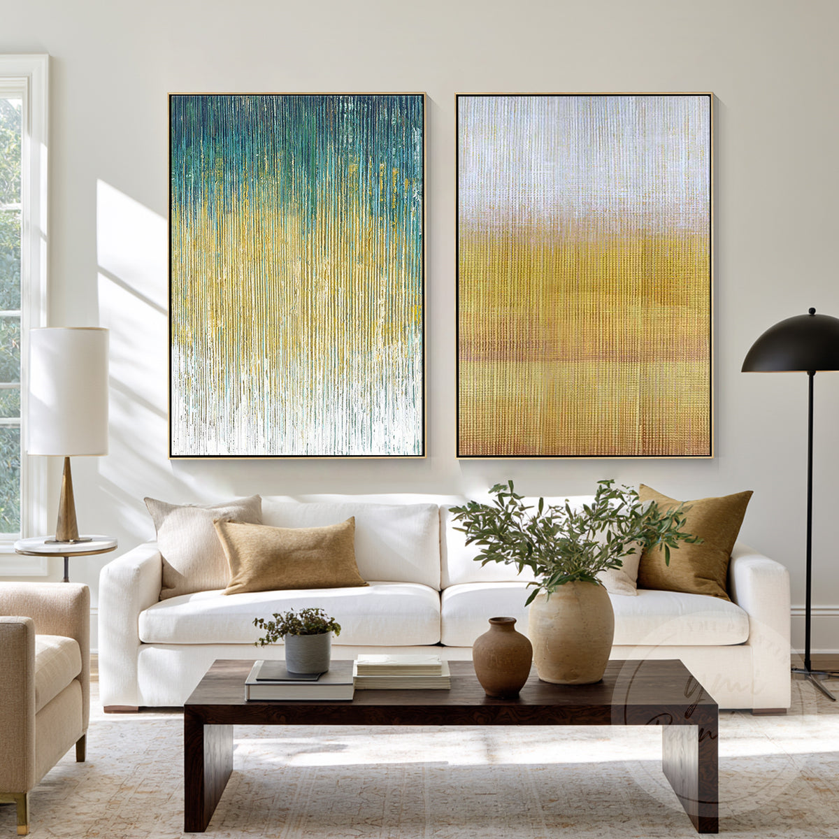 Green and gold textured abstract canvas painting panels
