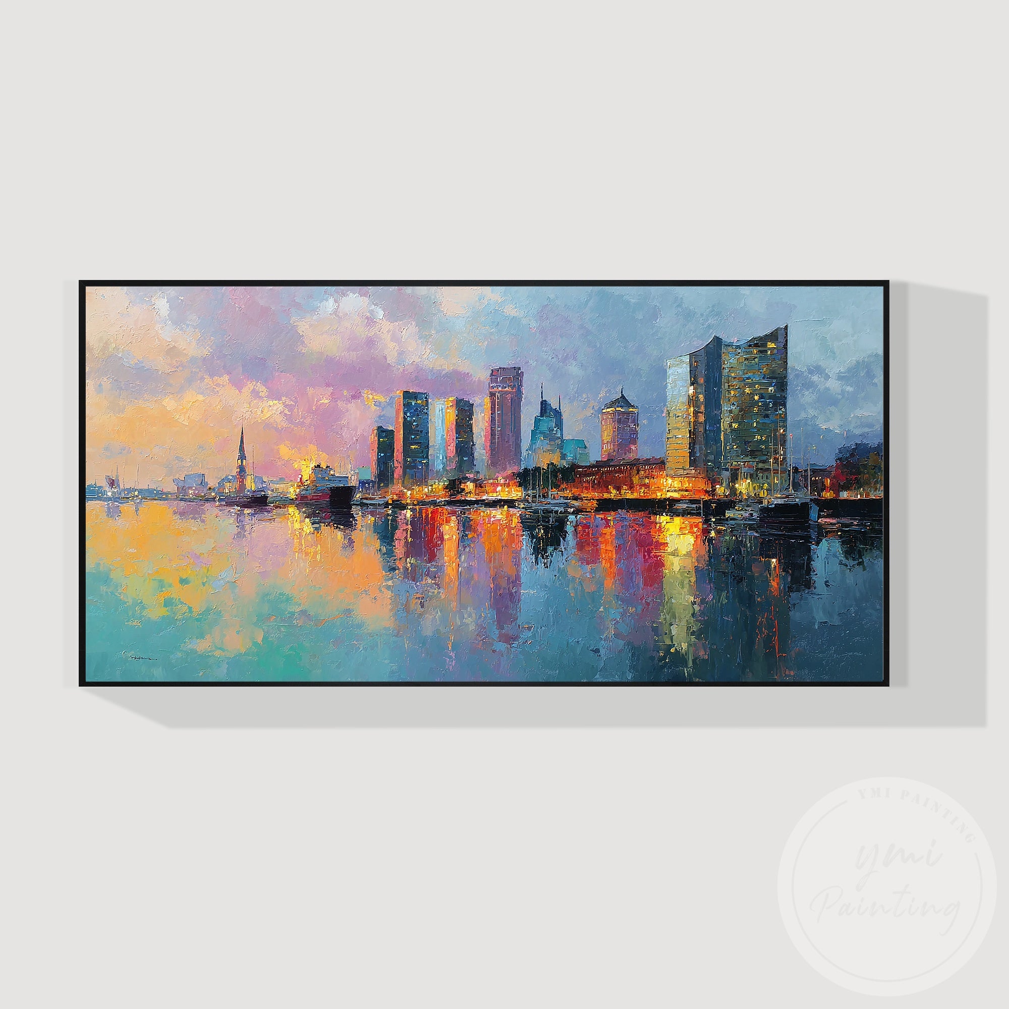 Large Hamburg skyline wall art colorful urban waterfront scene