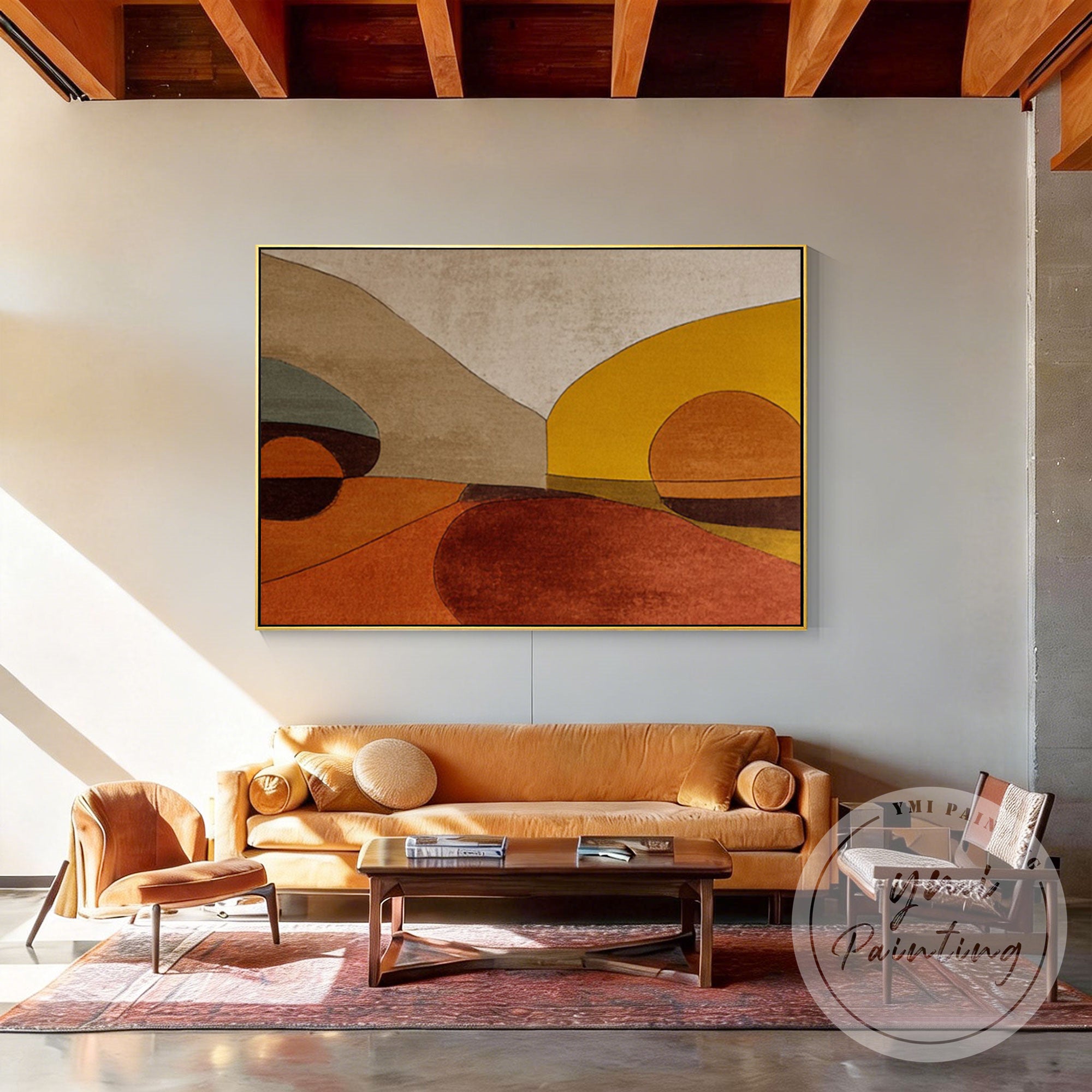 Modern geometric desert painting on minimalist canvas