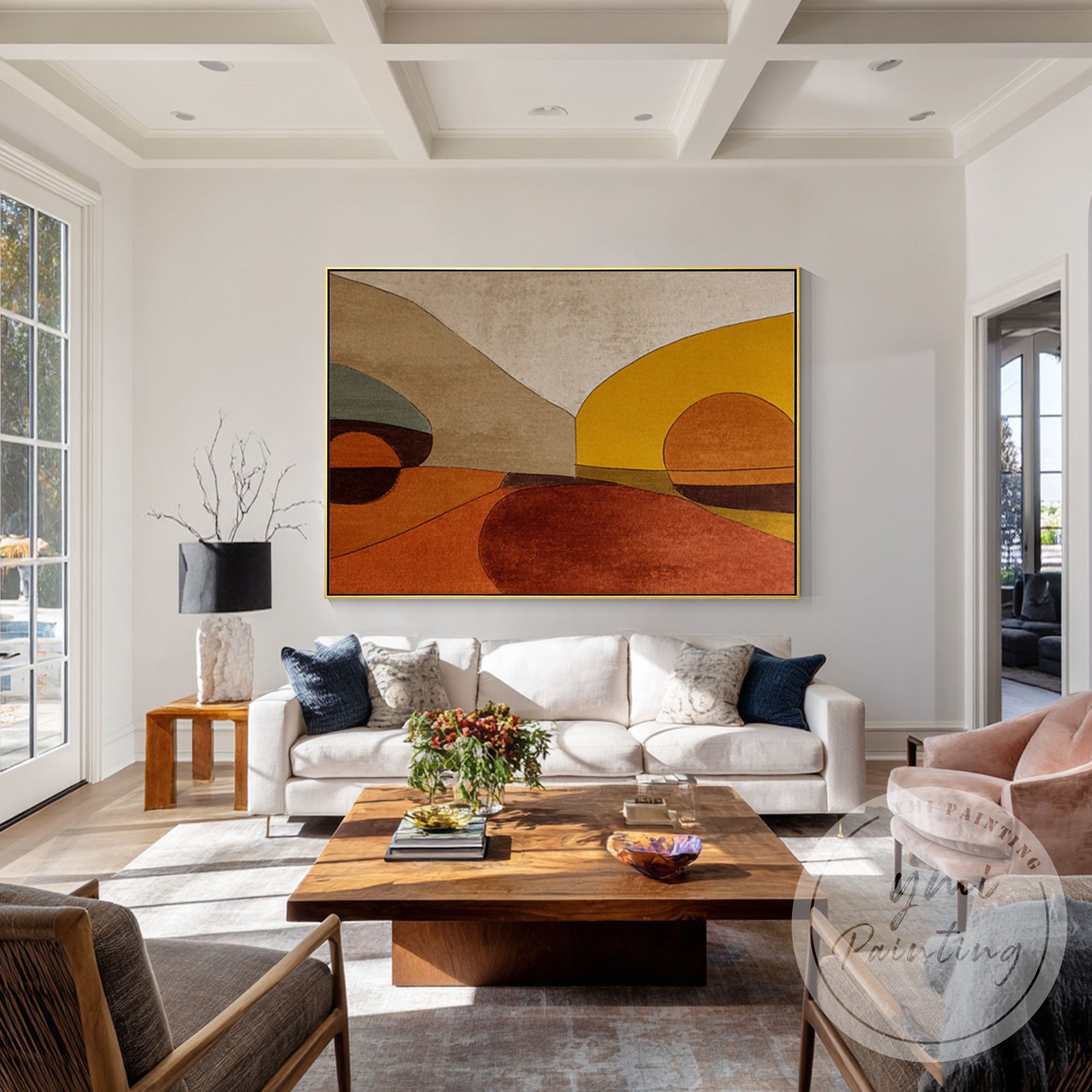 Warm sunset abstract geometric landscape wall art