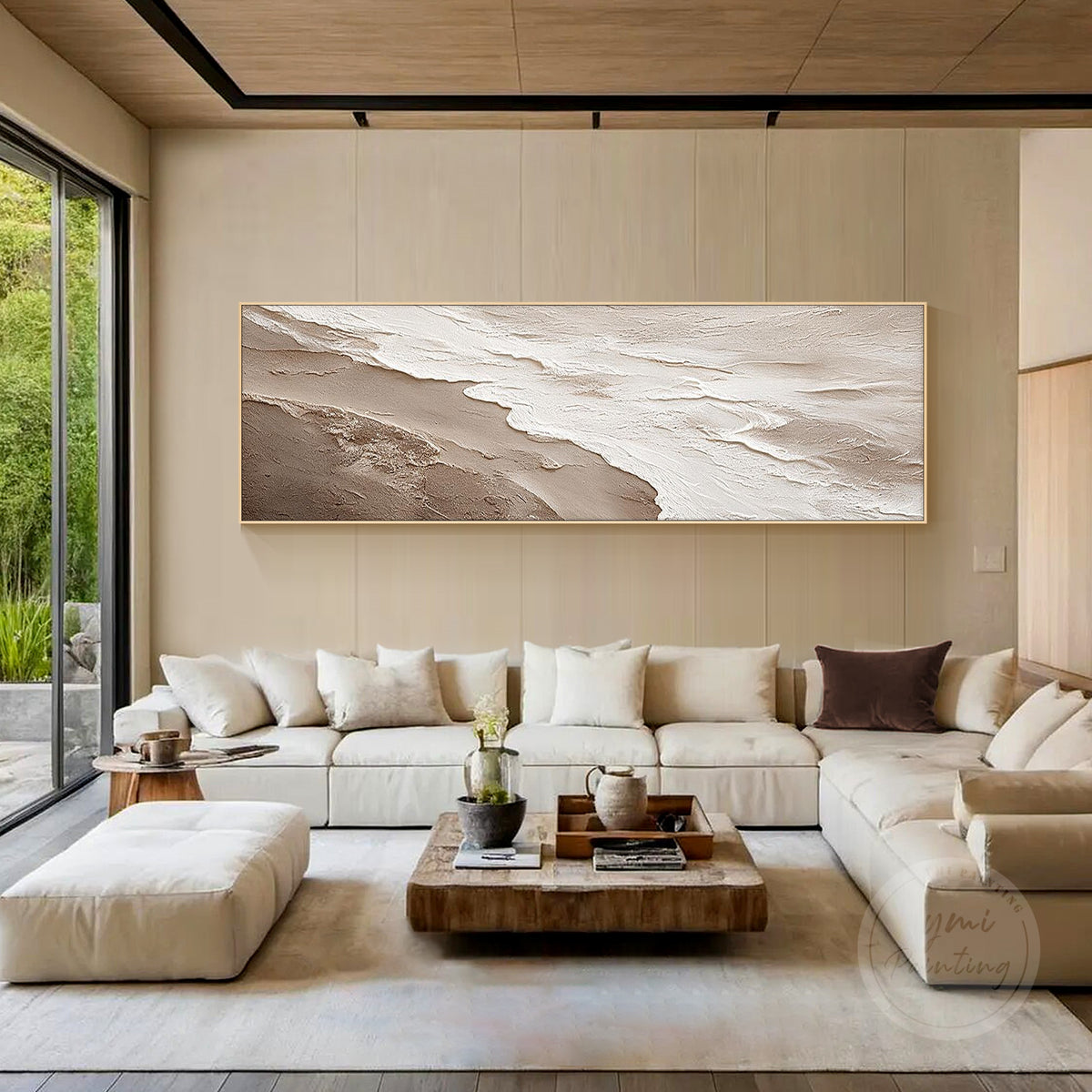 Hand-painted beige textured abstract painting with sculptural surface detail