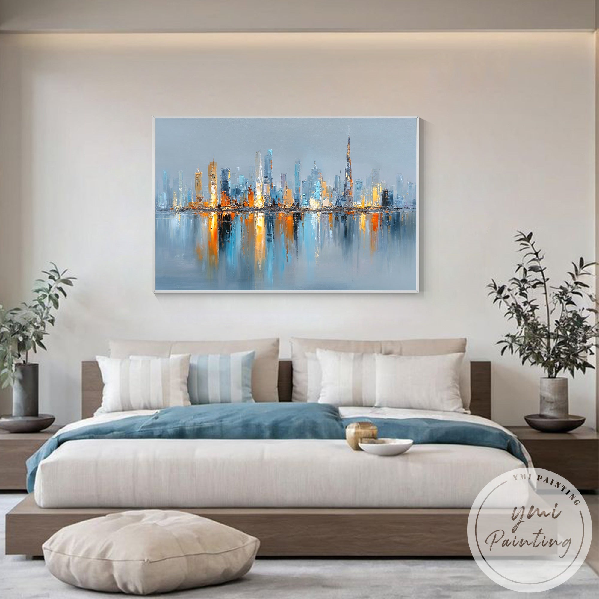 Abstract city painting Dubai skyline gold and blue modern decor