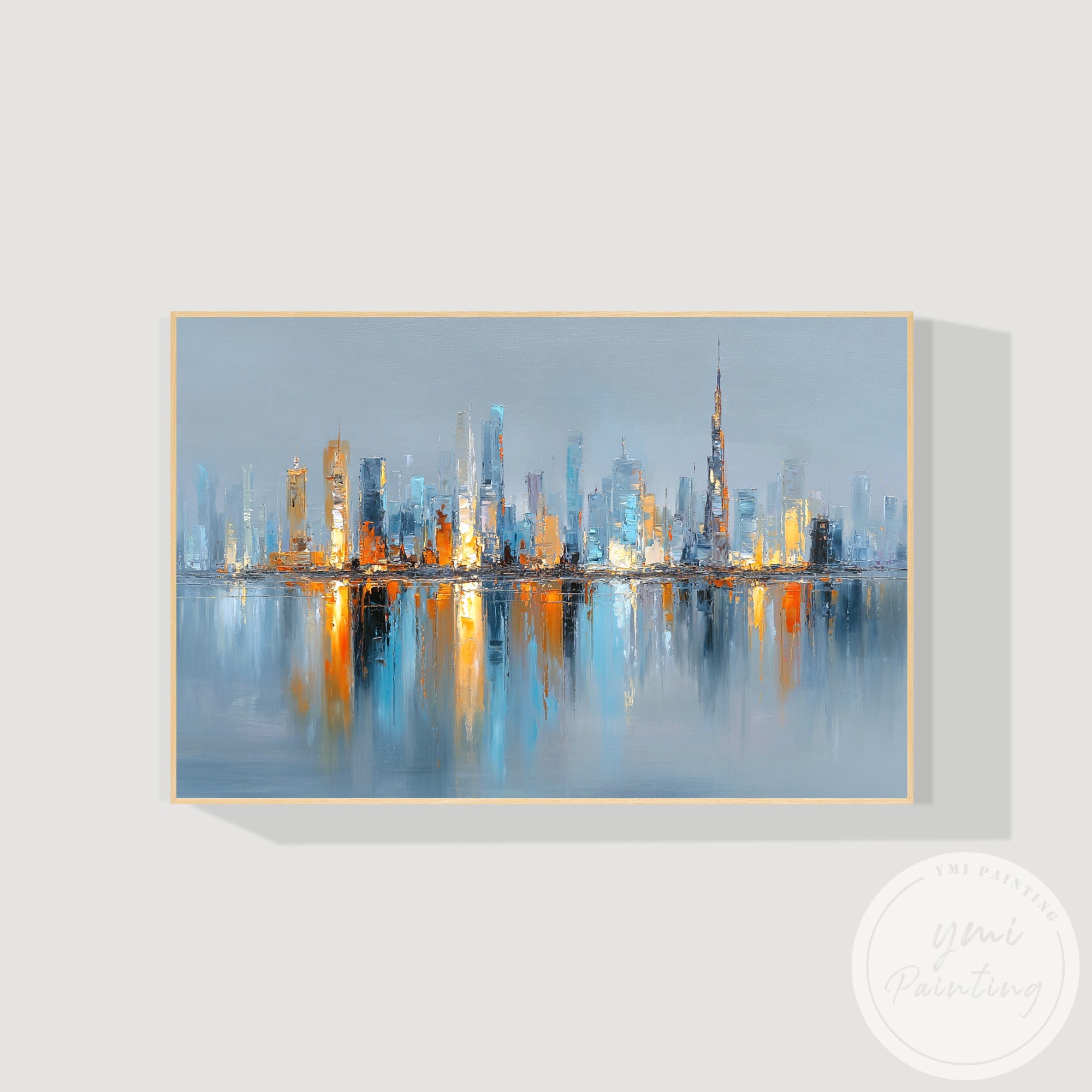 Contemporary abstract city wall art gold blue skyline design