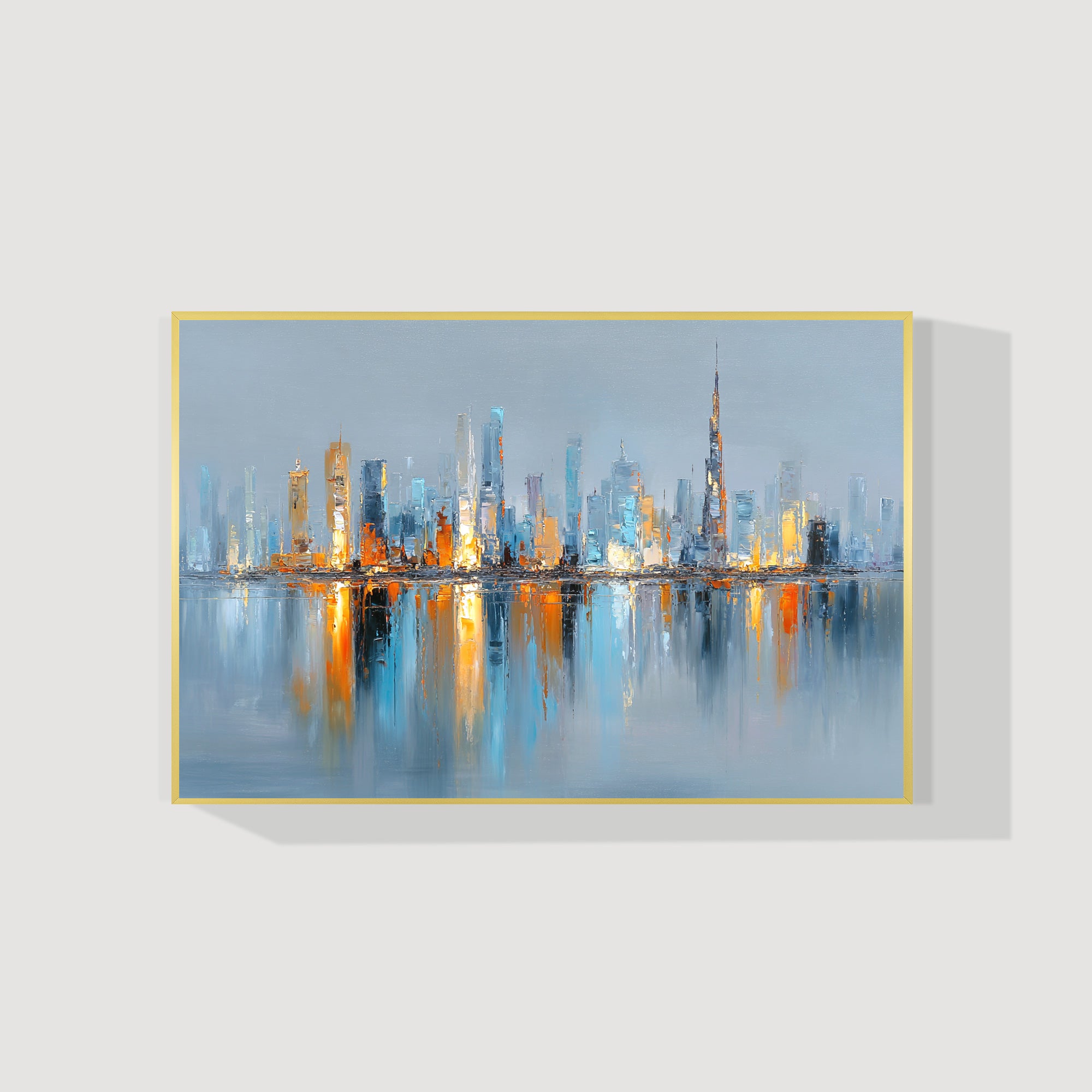 Hand painted Dubai skyline canvas art gold blue abstract cityscape