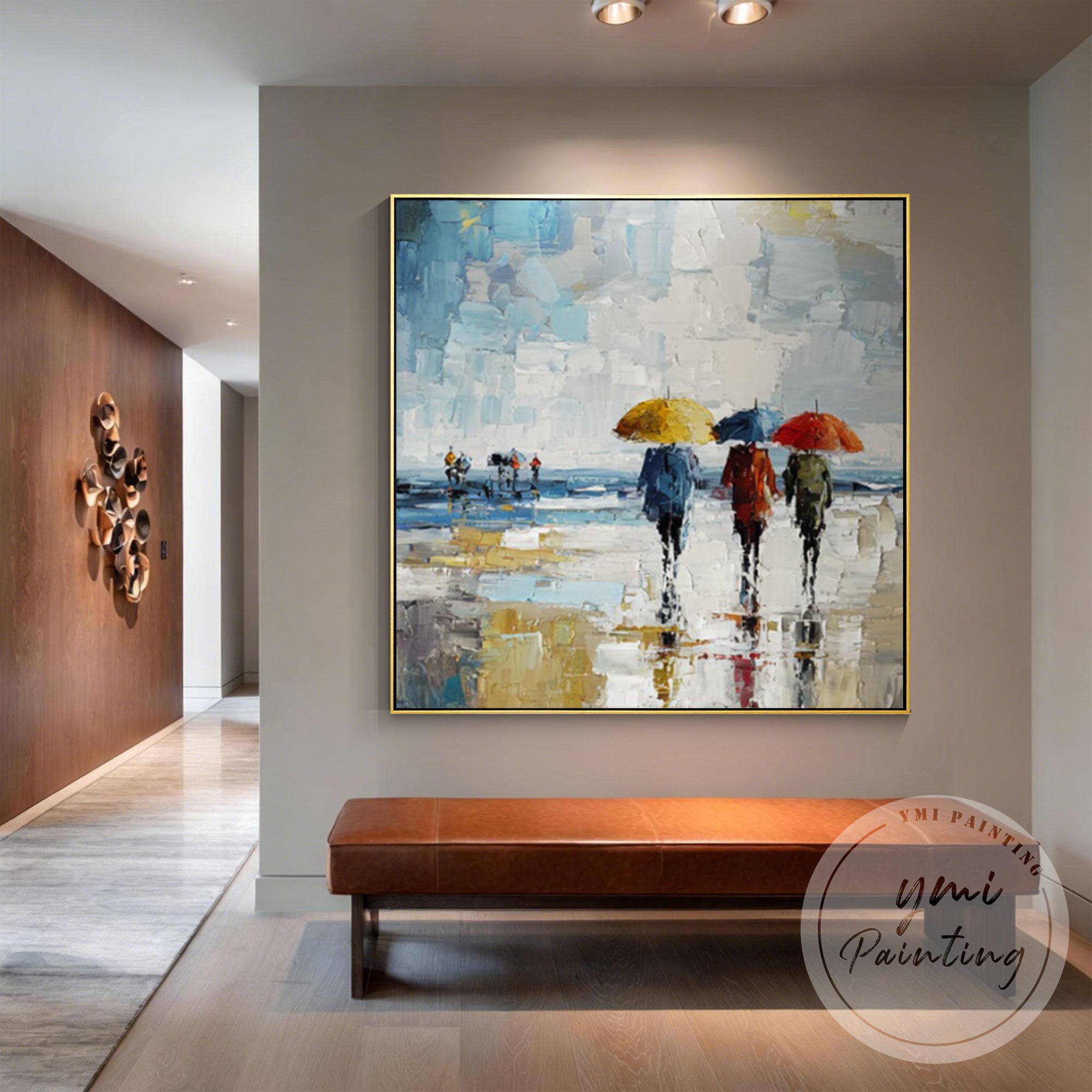 Abstract impressionist city rain painting with umbrella figures
