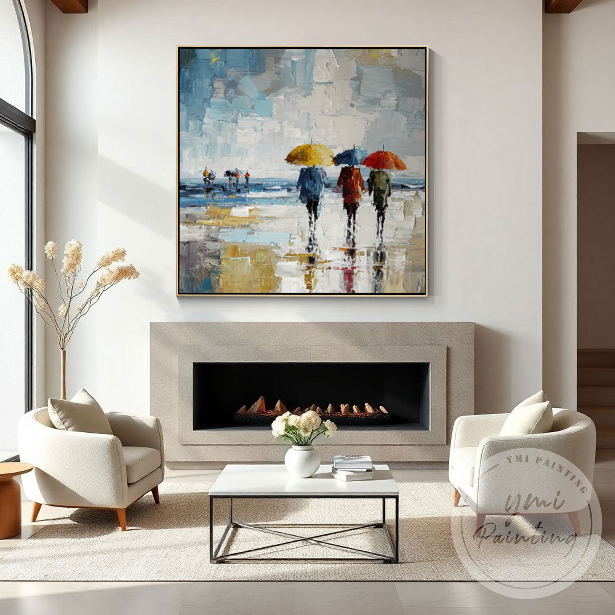 Colorful city nightlife rain scene wall art on canvas