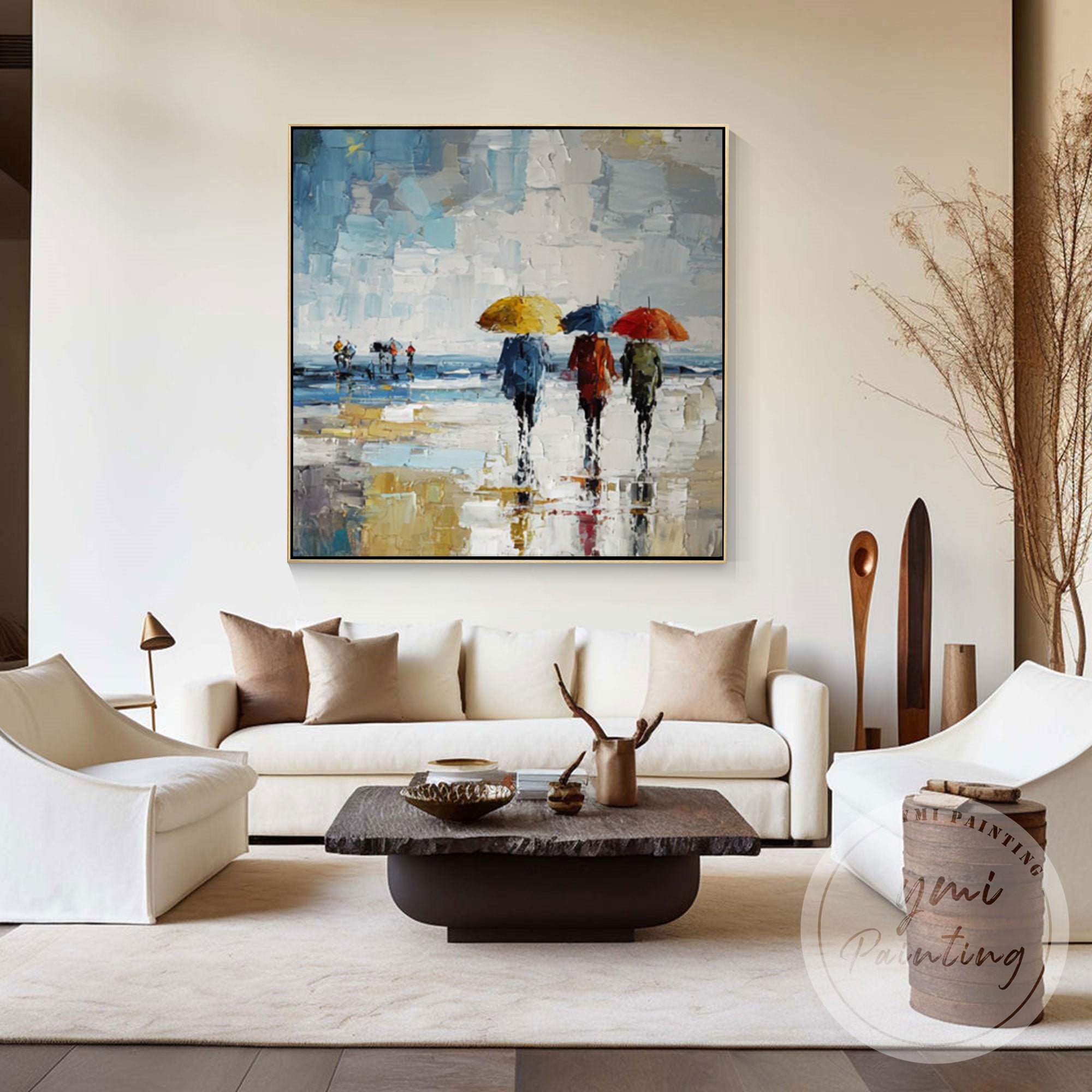 Modern urban canvas painting with colorful rainy street scene