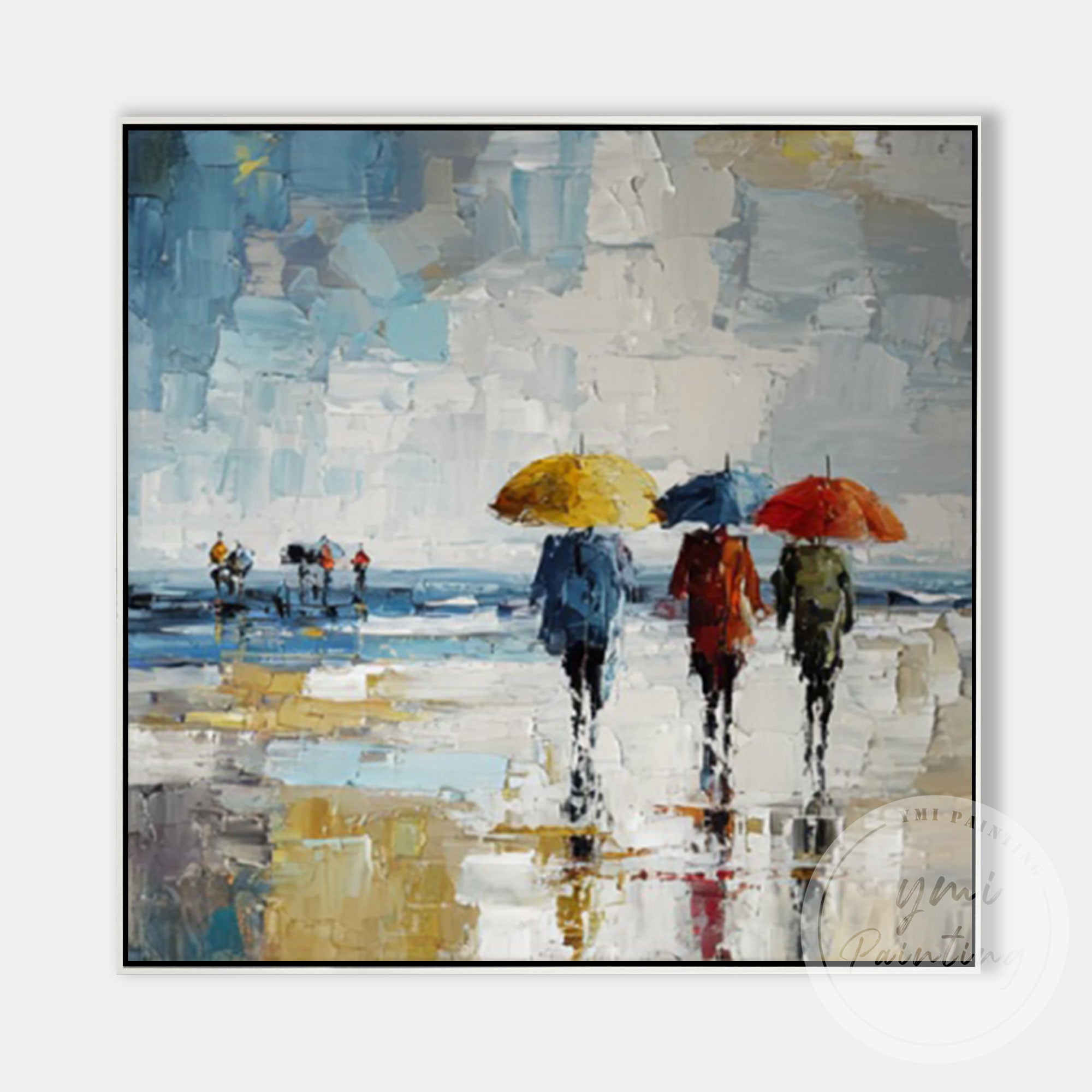 Vibrant urban street scene painting with reflective wet roads