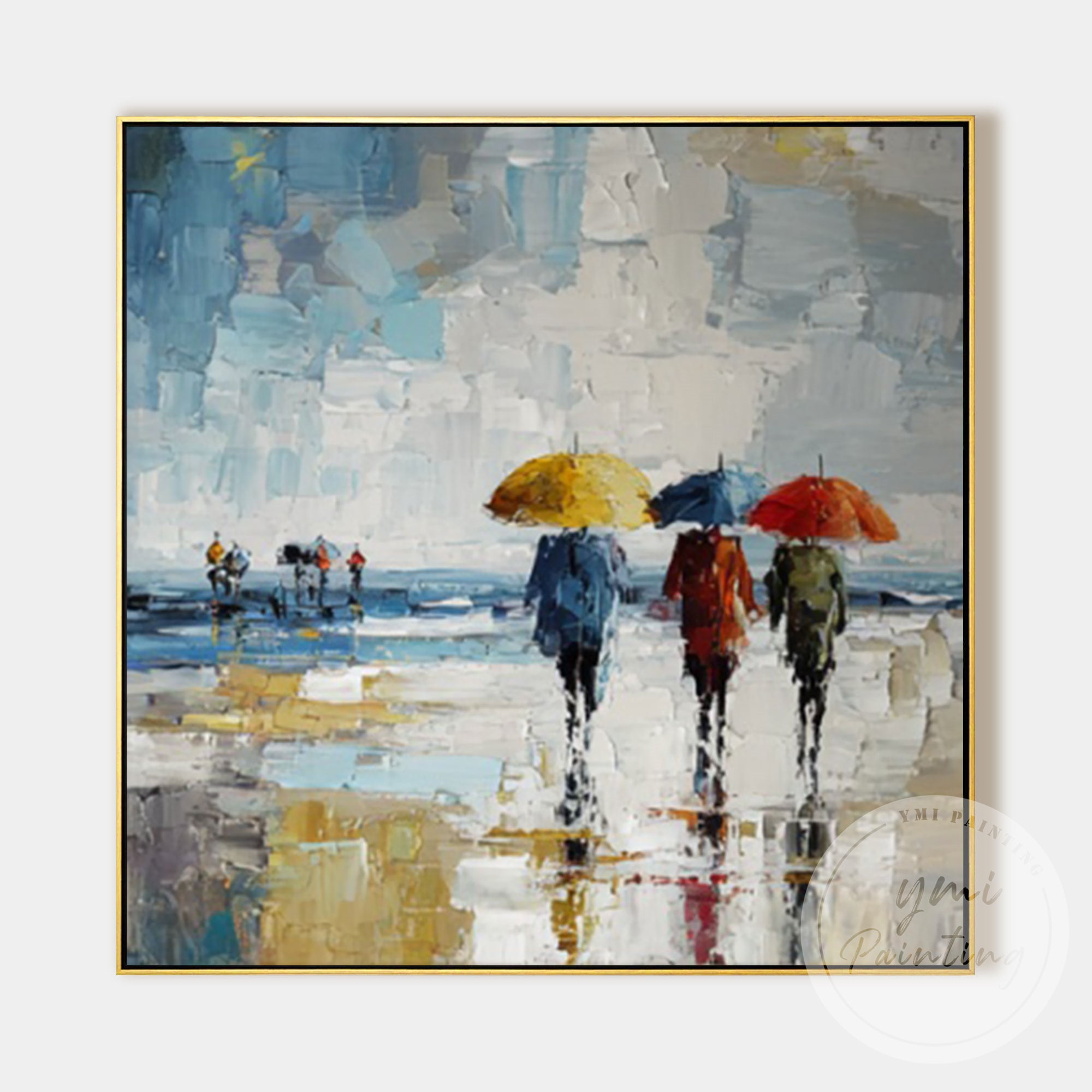 Colorful impressionist umbrella street scene wall art close up