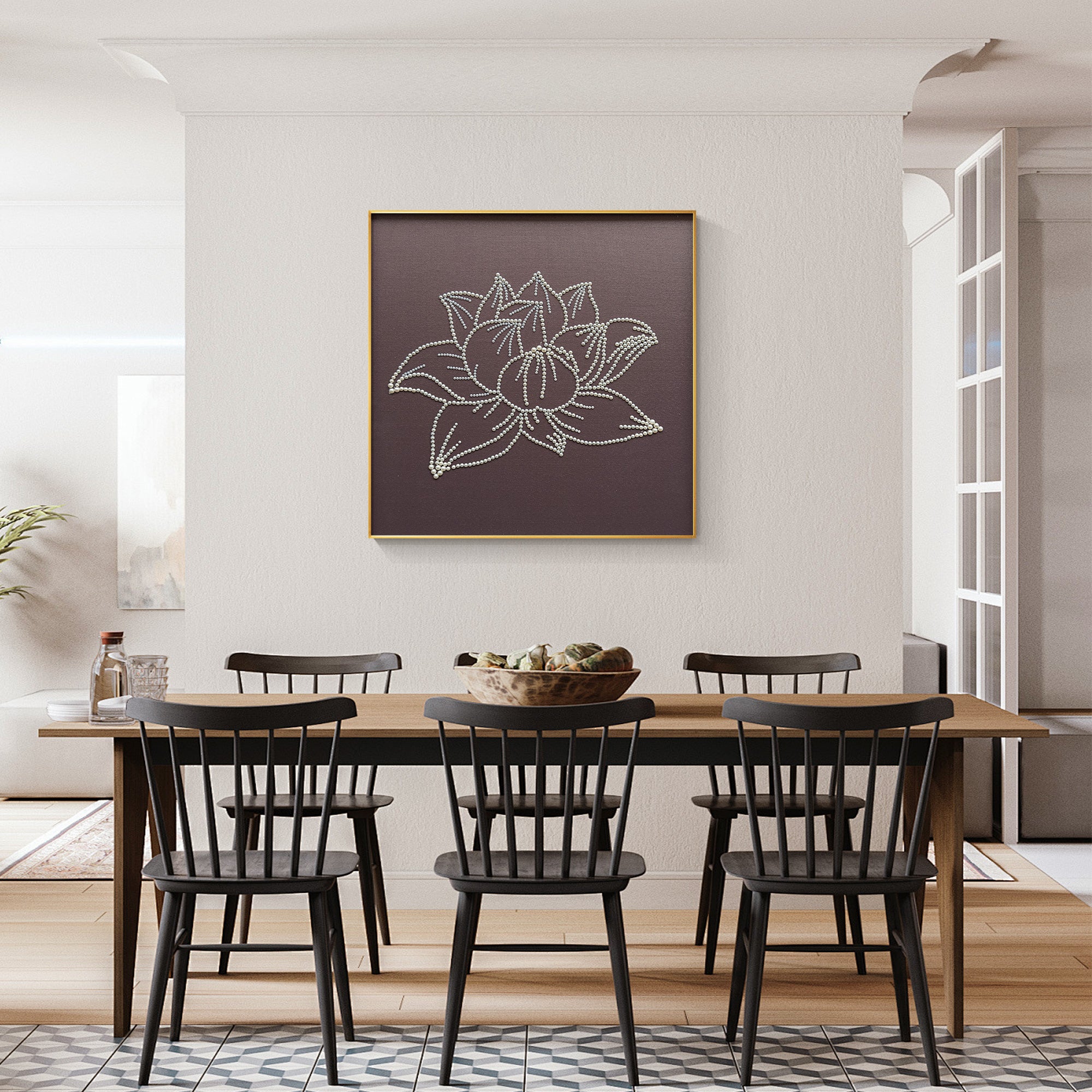 Detailed image of the hand-painted lotus, with pearls carefully placed to highlight the modern dining room.