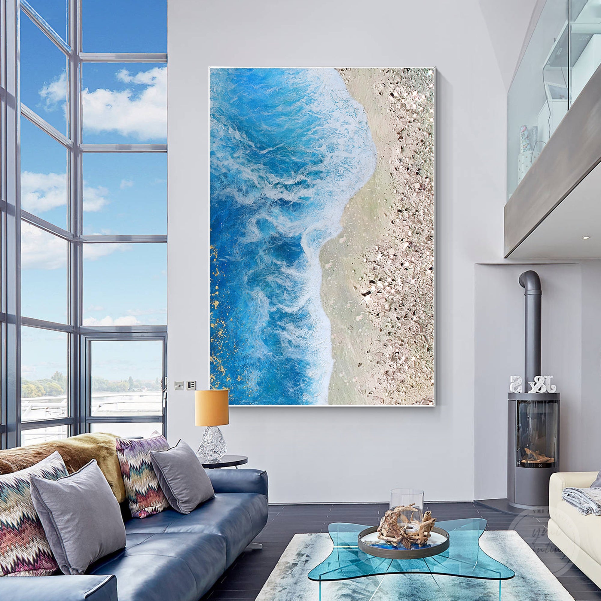 Handmade coastal ocean painting with glitter accents and crushed glass details creating a shimmering beach effect