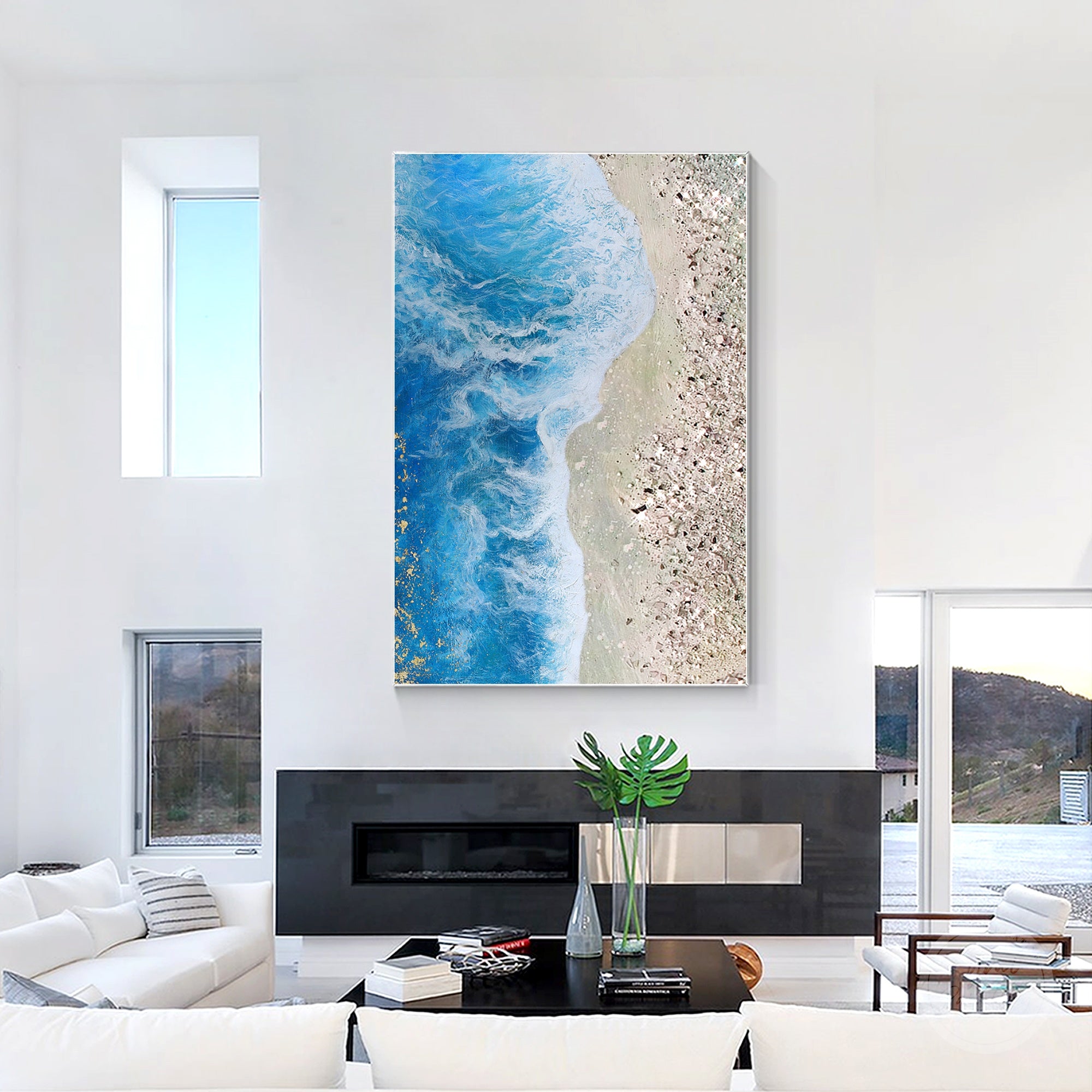 Modern beach wall art with sparkling waves, blue ocean tones, glitter, and crushed glass texture on canvas