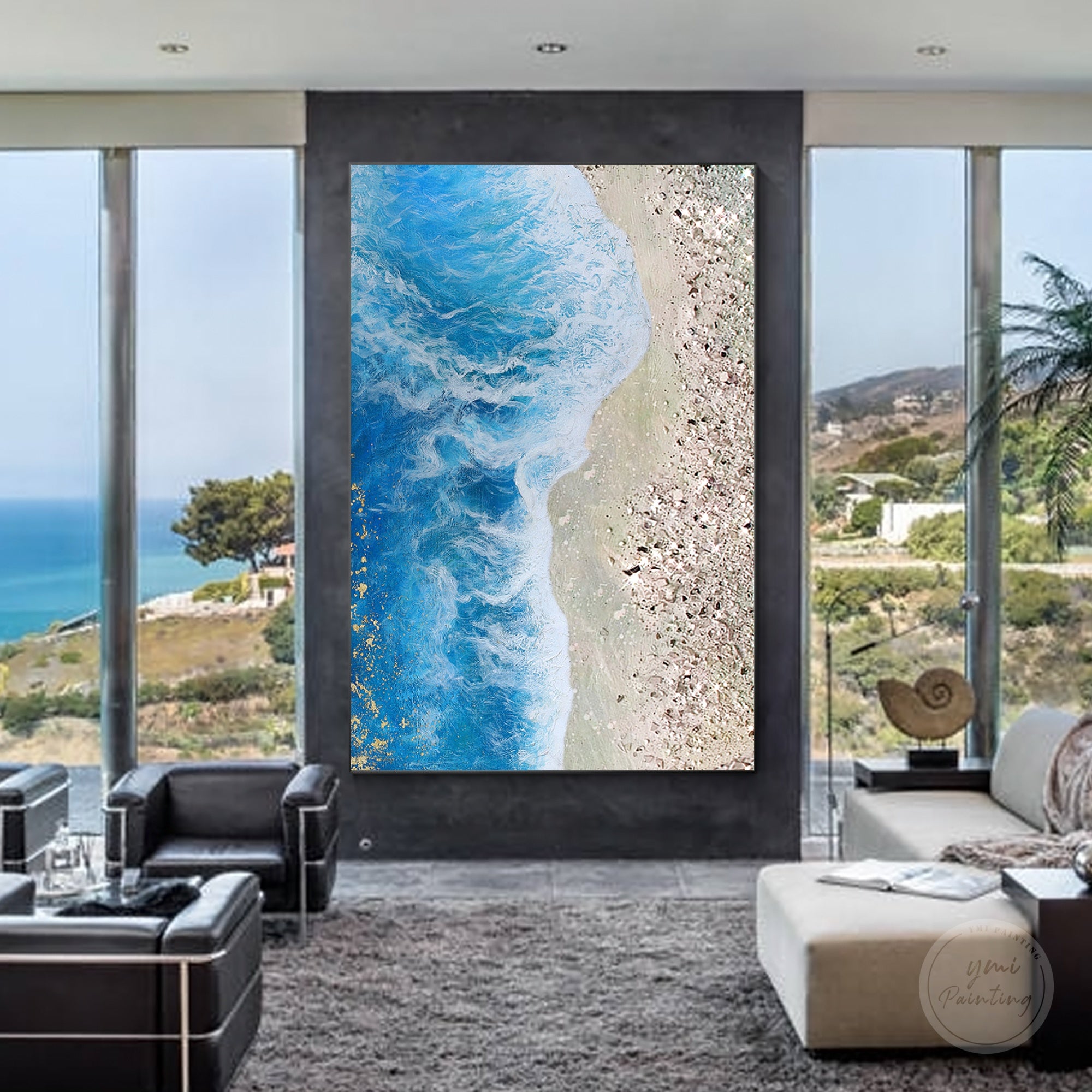 Textured coastal painting inspired by the sea, featuring sandy beaches, ocean waves, and reflective glass embellishments