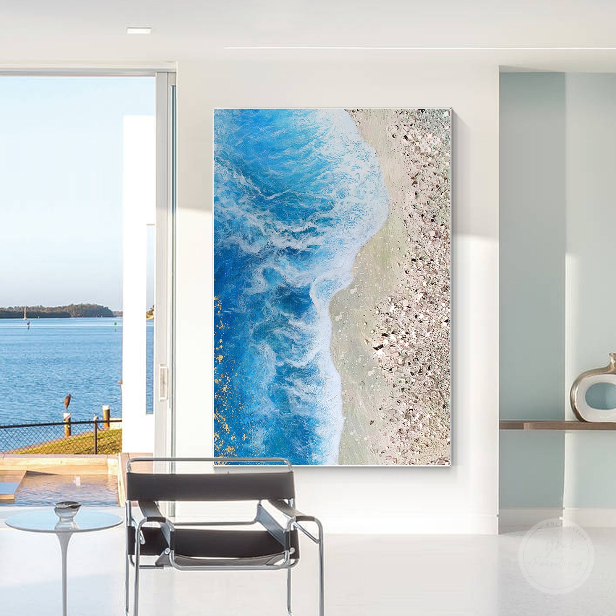 Luxury ocean wall decor with glittering waves and crushed glass details, perfect for coastal home decoration