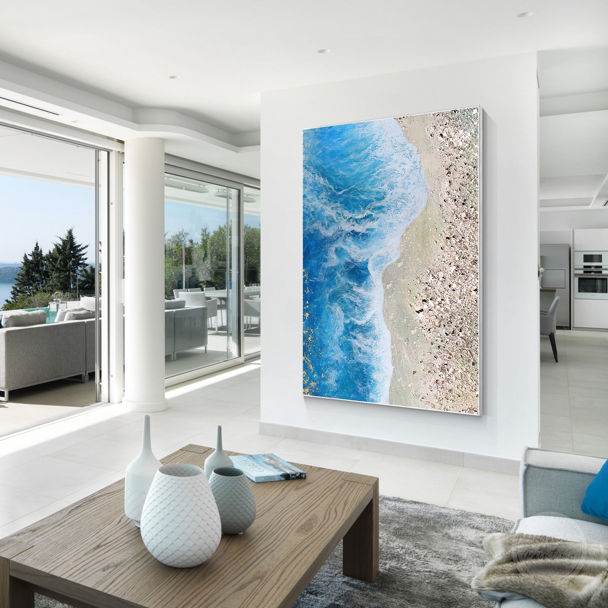 Abstract beach artwork with sparkling blue water, textured waves, and handmade crushed glass embellishments