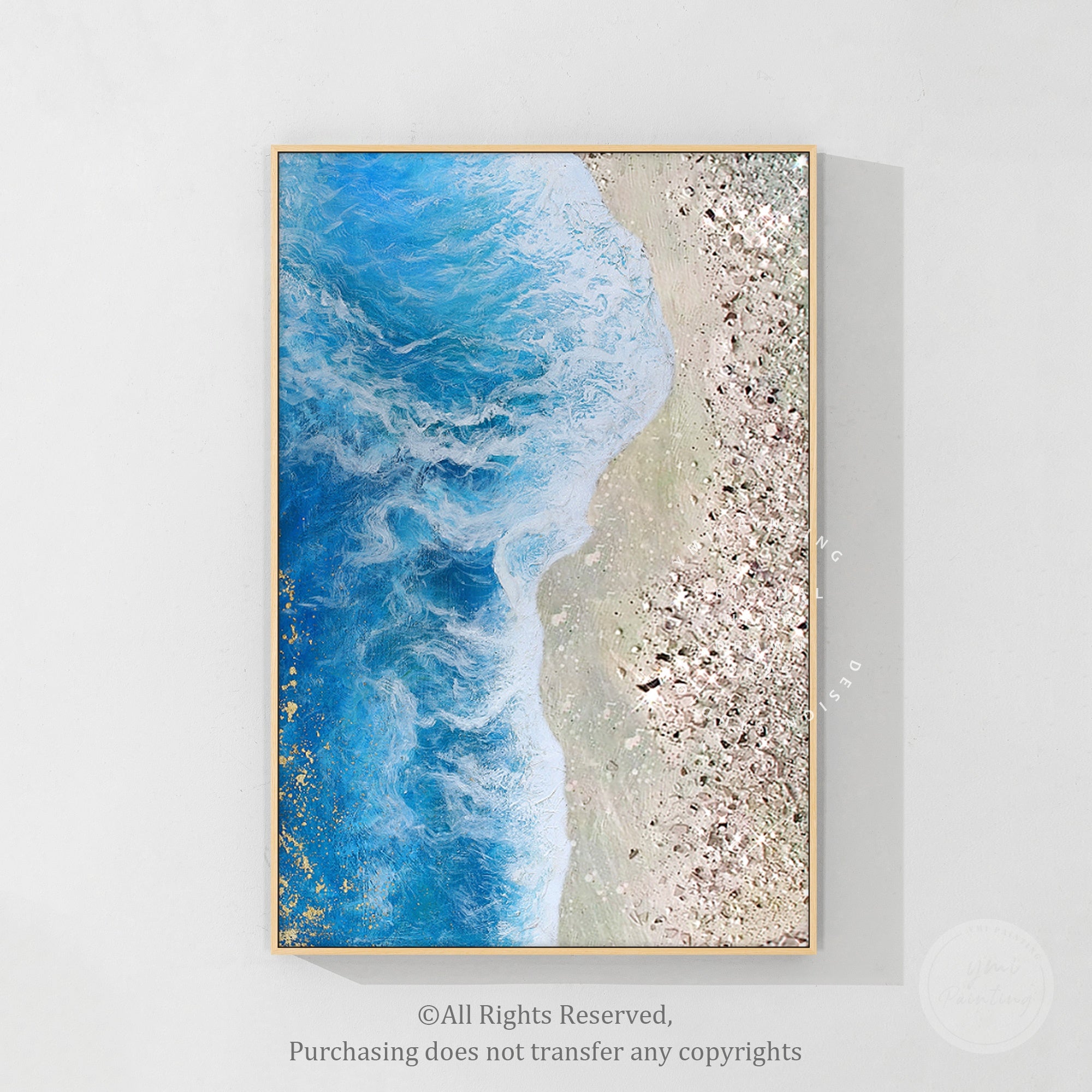 Original coastal seascape painting with glitter highlights and dimensional crushed glass ocean textures