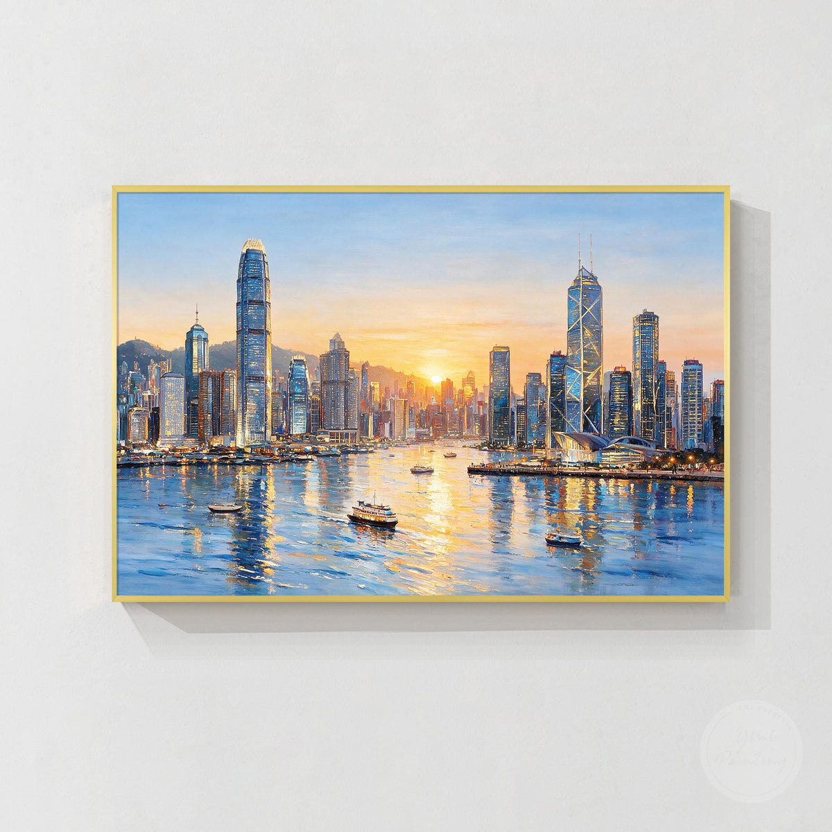 Luxury cityscape wall art with Hong Kong architecture, sunset tones, and waterfront reflections