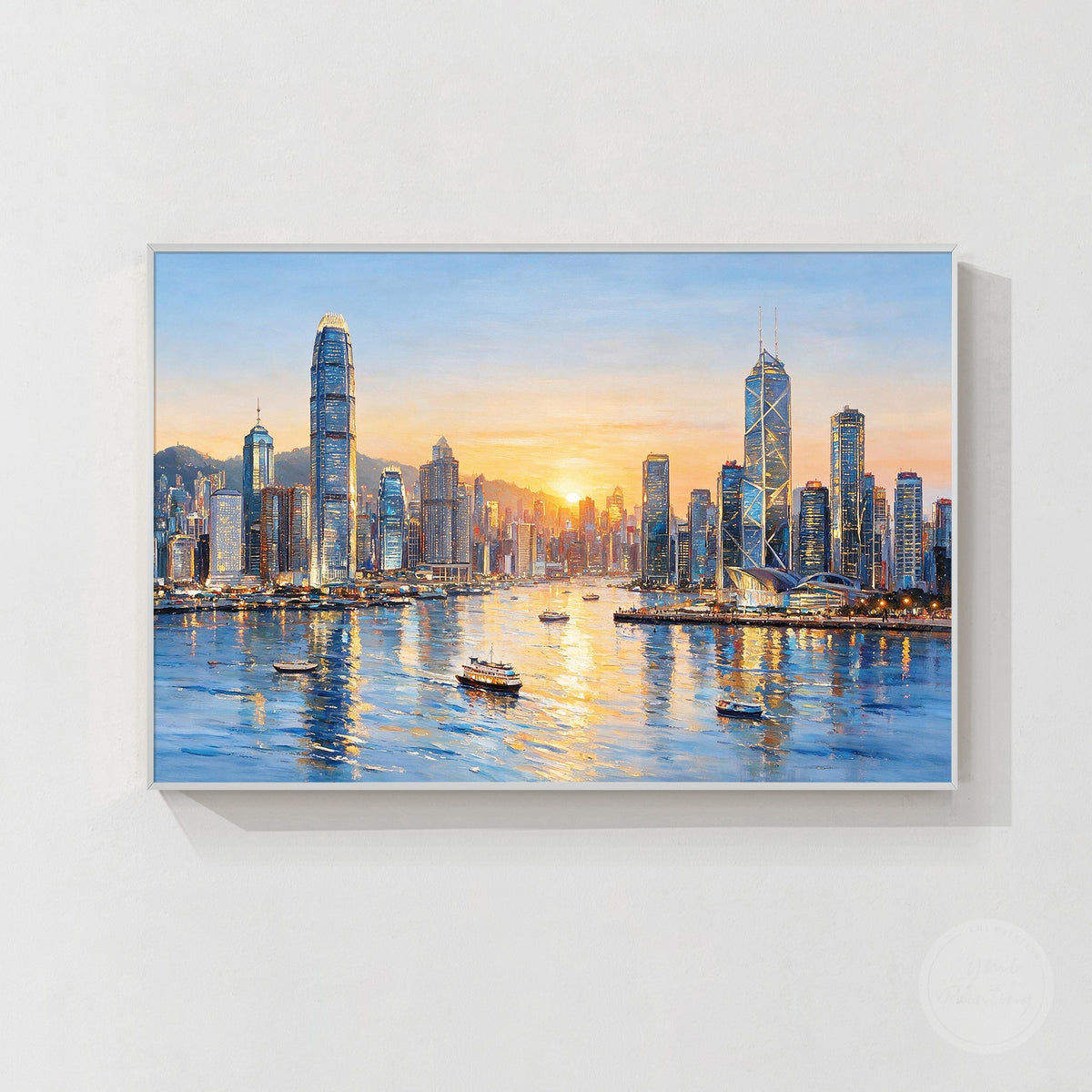 Horizontal Hong Kong skyline canvas artwork with modern architecture and coastal atmosphere