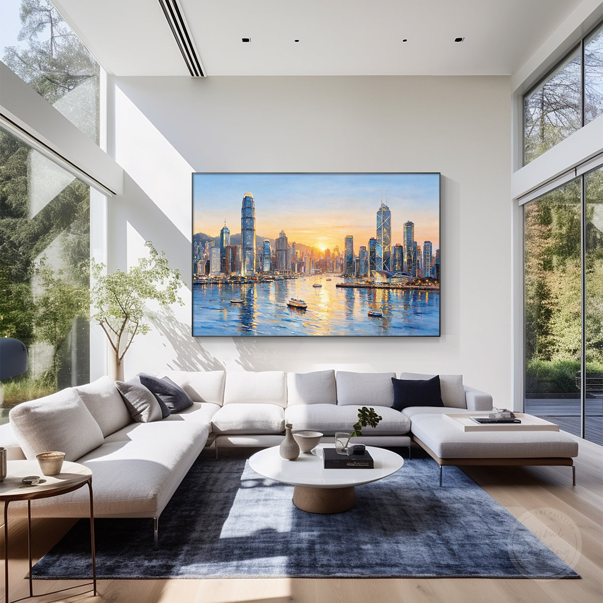 Contemporary Hong Kong cityscape painting with architectural details and harbor reflections