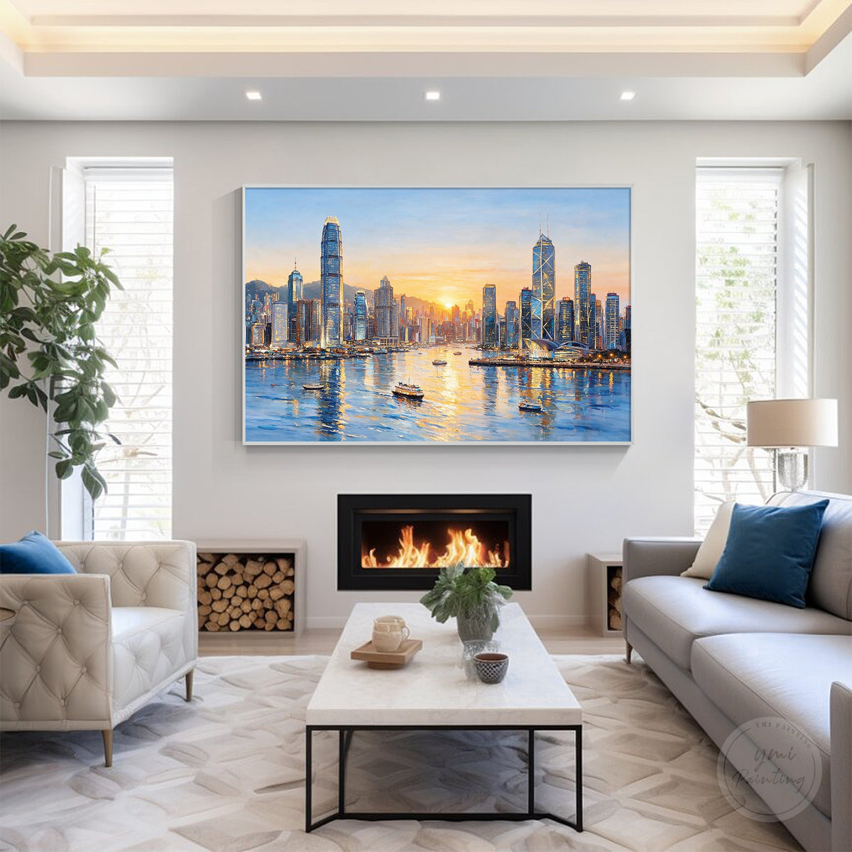 Victoria Harbour artwork with urban skyline, blue water, and golden evening atmosphere
