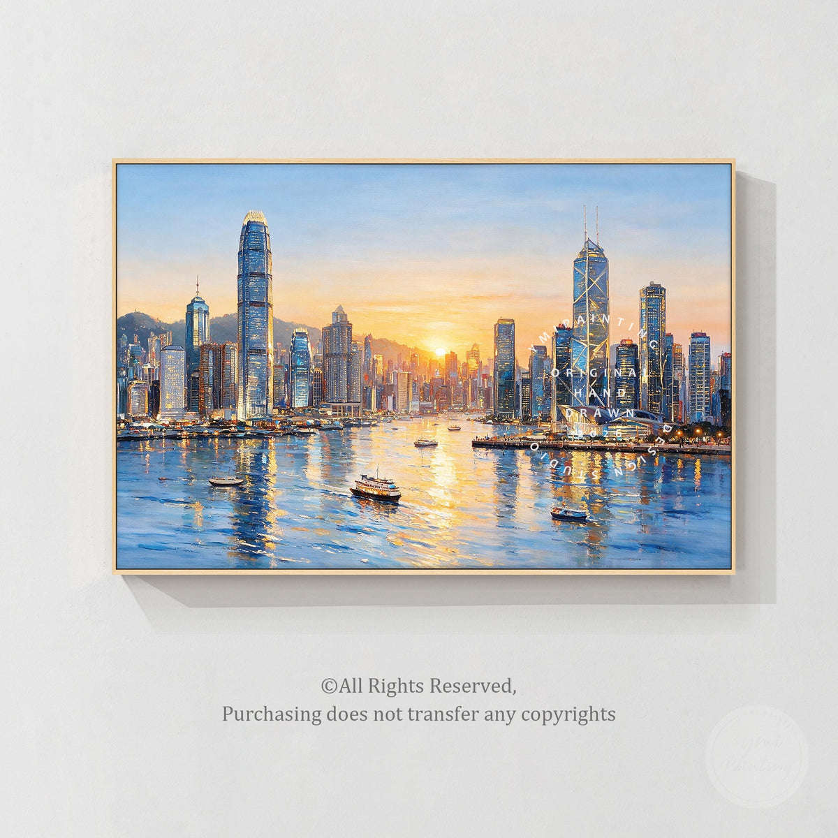 Urban landscape artwork showing Hong Kong skyscrapers, harbor water, and evening skyline