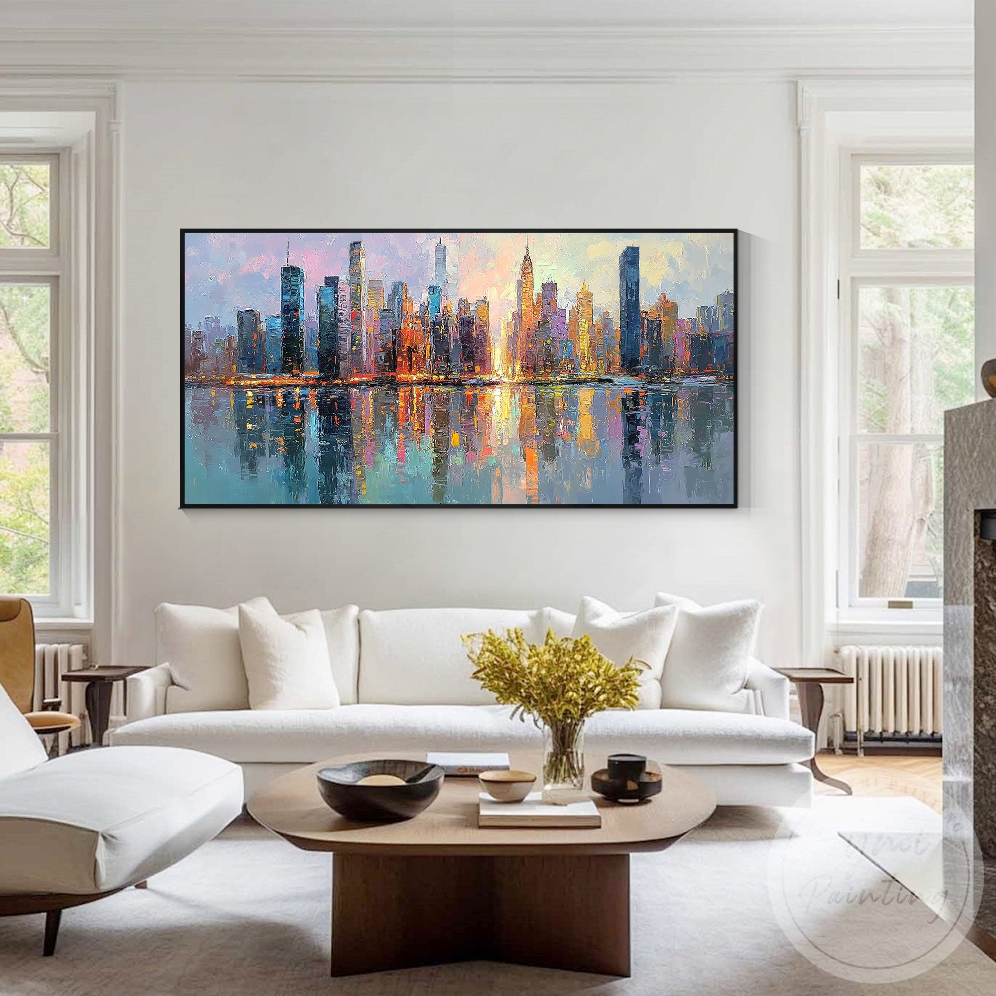 Large abstract NYC skyline painting horizontal canvas artwork