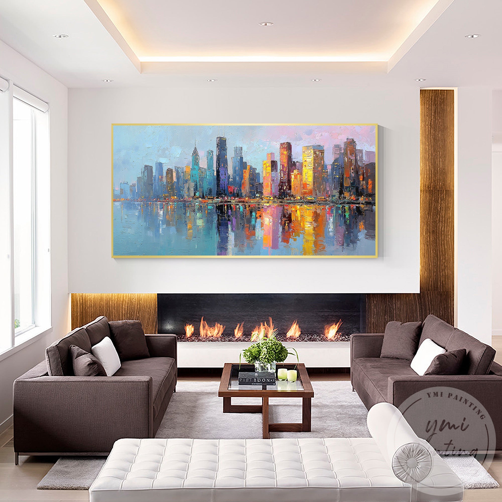 Chicago skyline oil painting modern urban canvas for bedroom