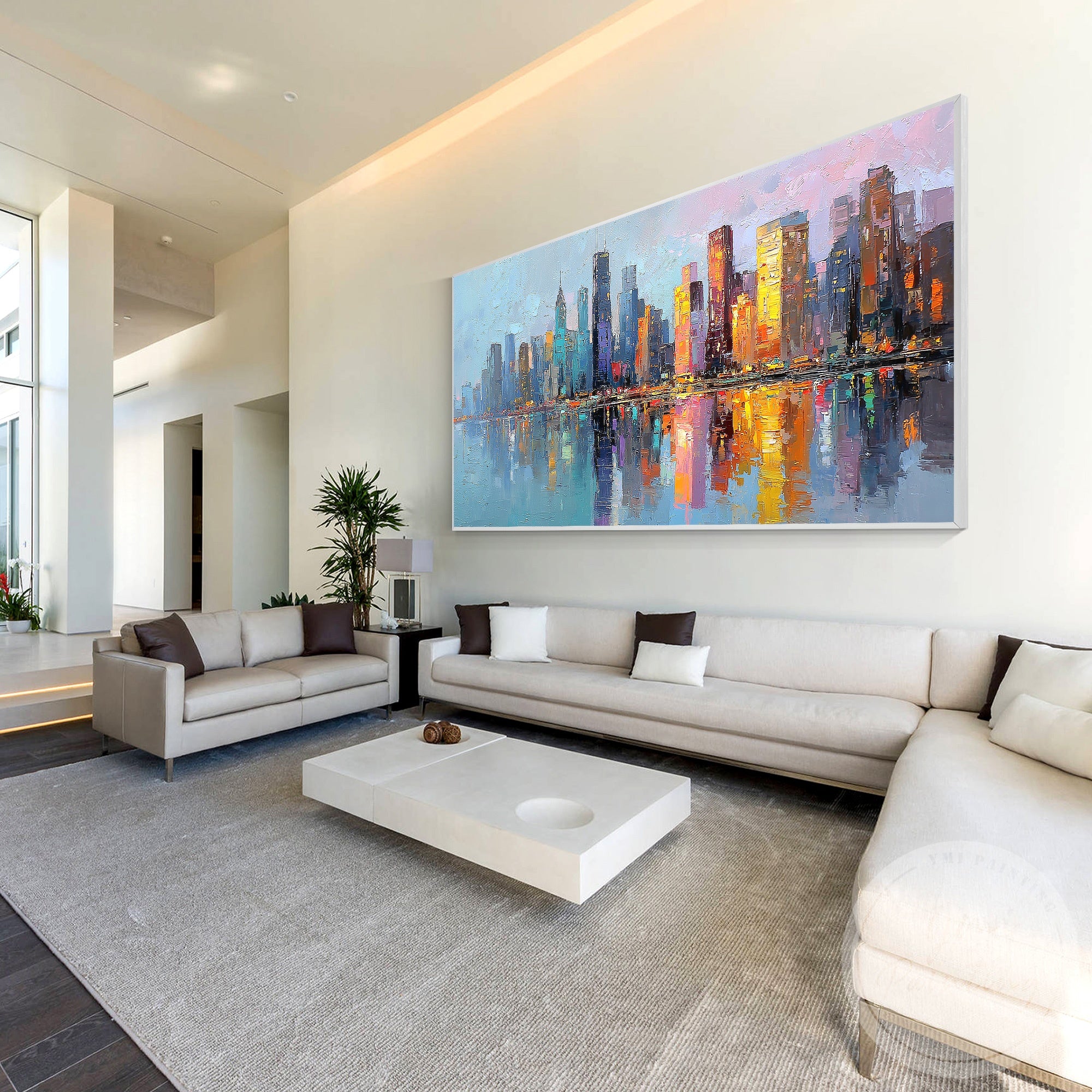 Abstract Chicago skyline painting horizontal canvas artwork