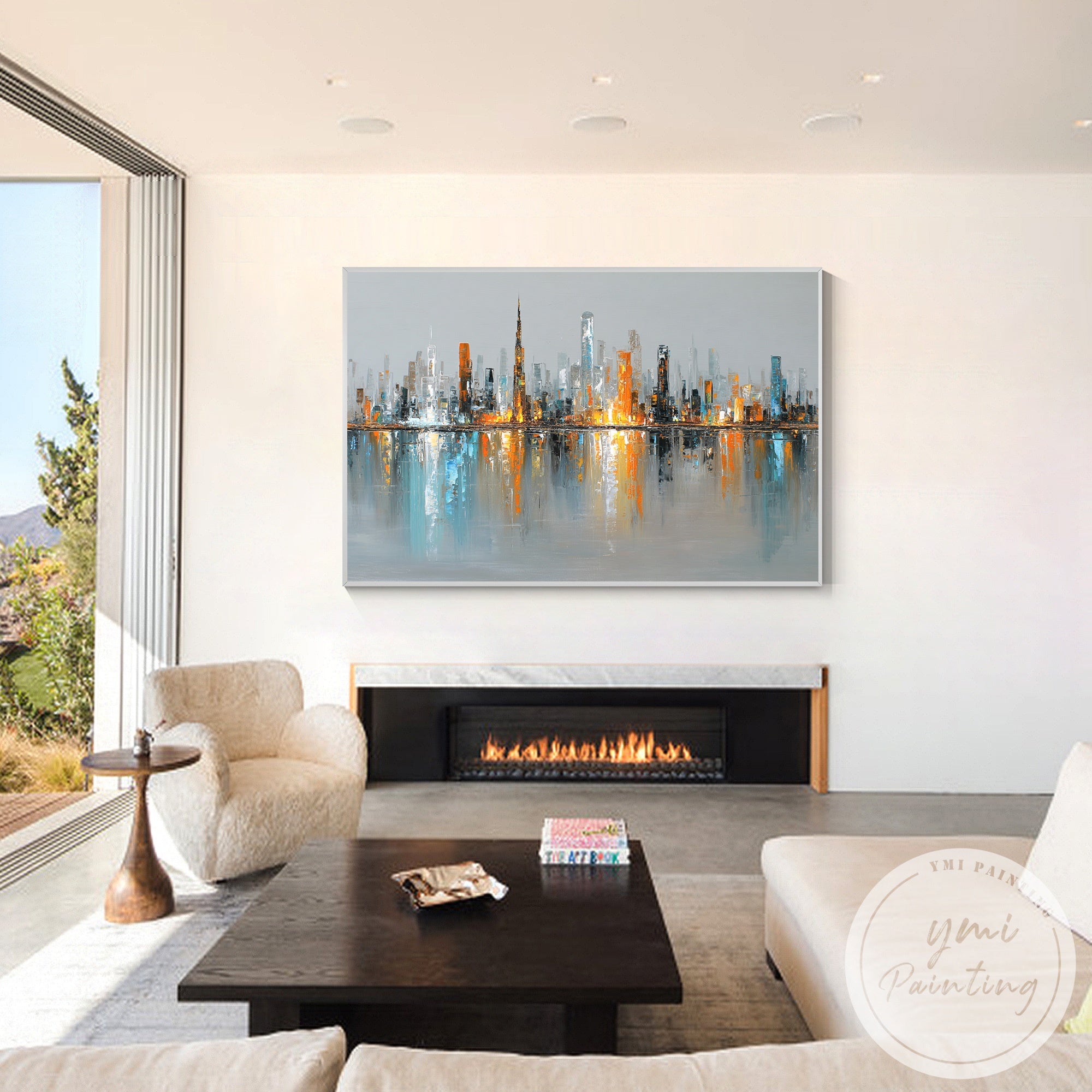 Oversized horizontal cityscape painting Dubai skyline artwork