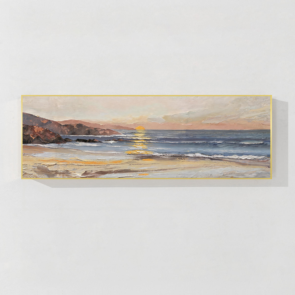 Contemporary ocean sunset canvas painting with dimensional wave texture and coastal beauty