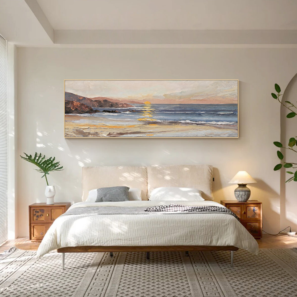 Large panoramic coastal wall art with hand painted ocean waves and sunset landscape