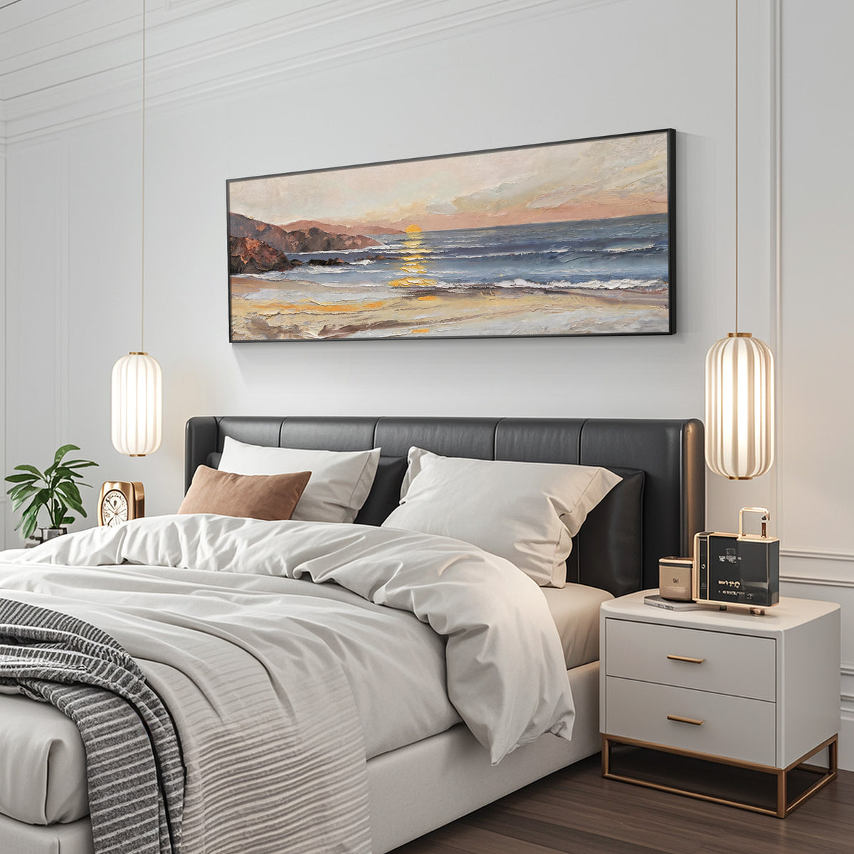 Textured ocean sunset painting featuring glowing sky, golden horizon, and layered waves
