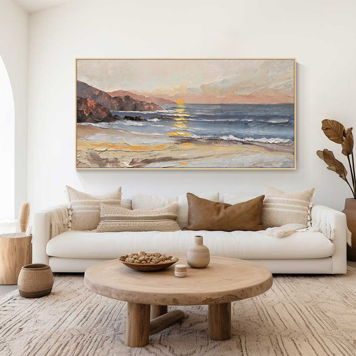 Modern ocean landscape painting with blue water, warm sunset sky, and textured details
