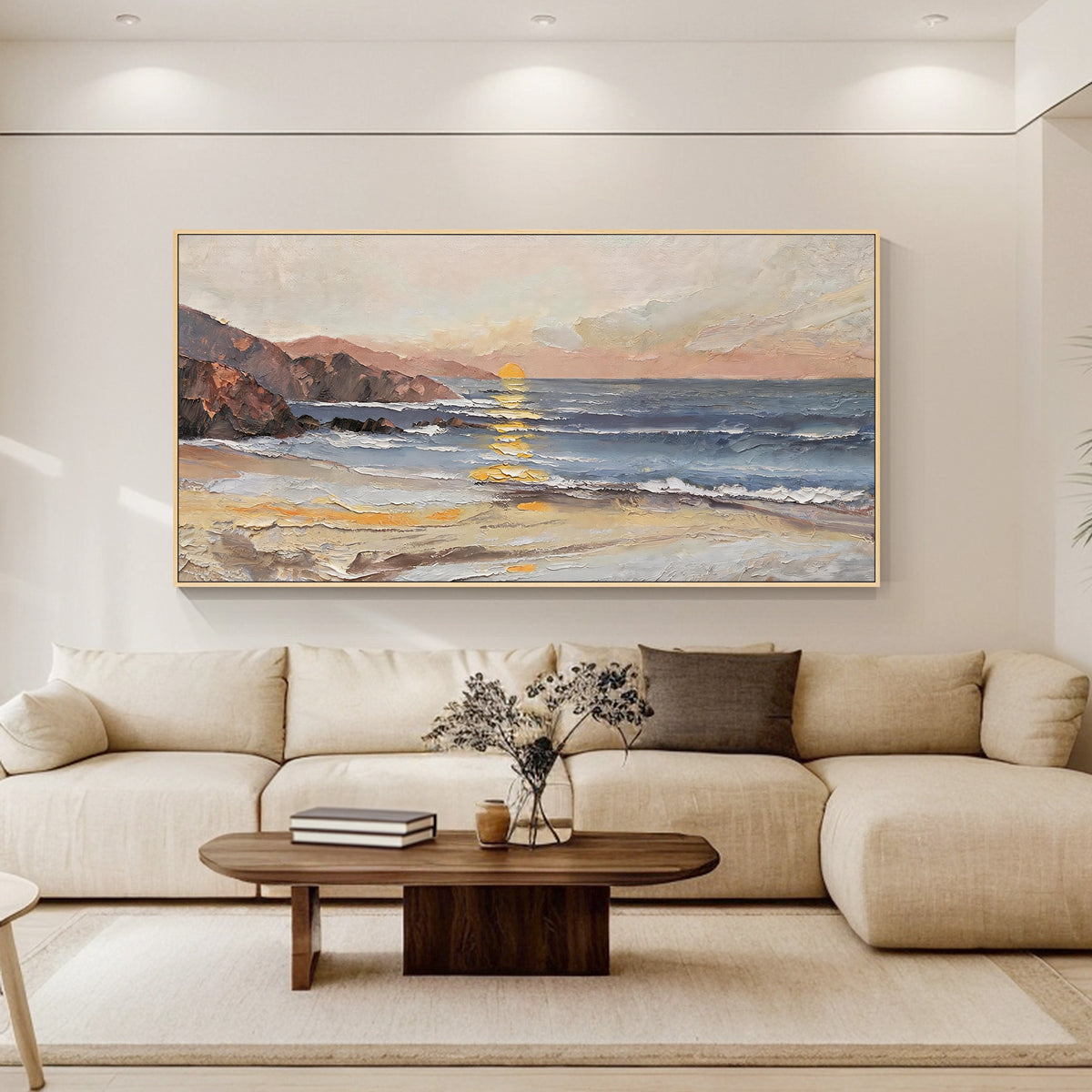 Handcrafted coastal artwork featuring layered ocean waves and atmospheric sunset colors
