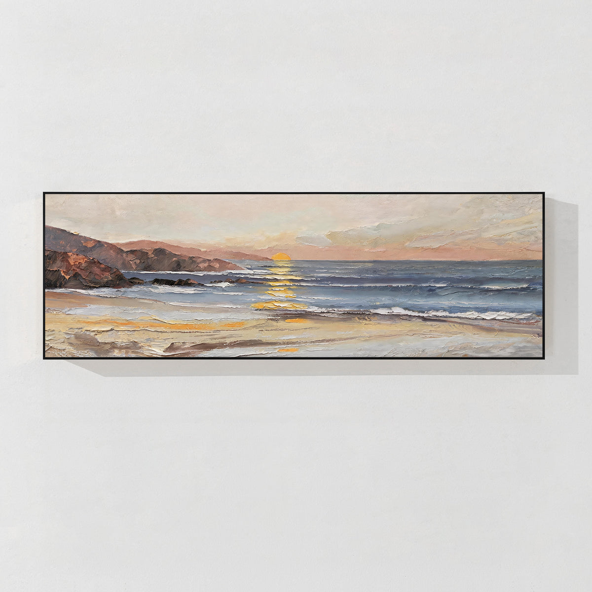 Luxury coastal wall art featuring a panoramic ocean sunset with rich textured brushwork