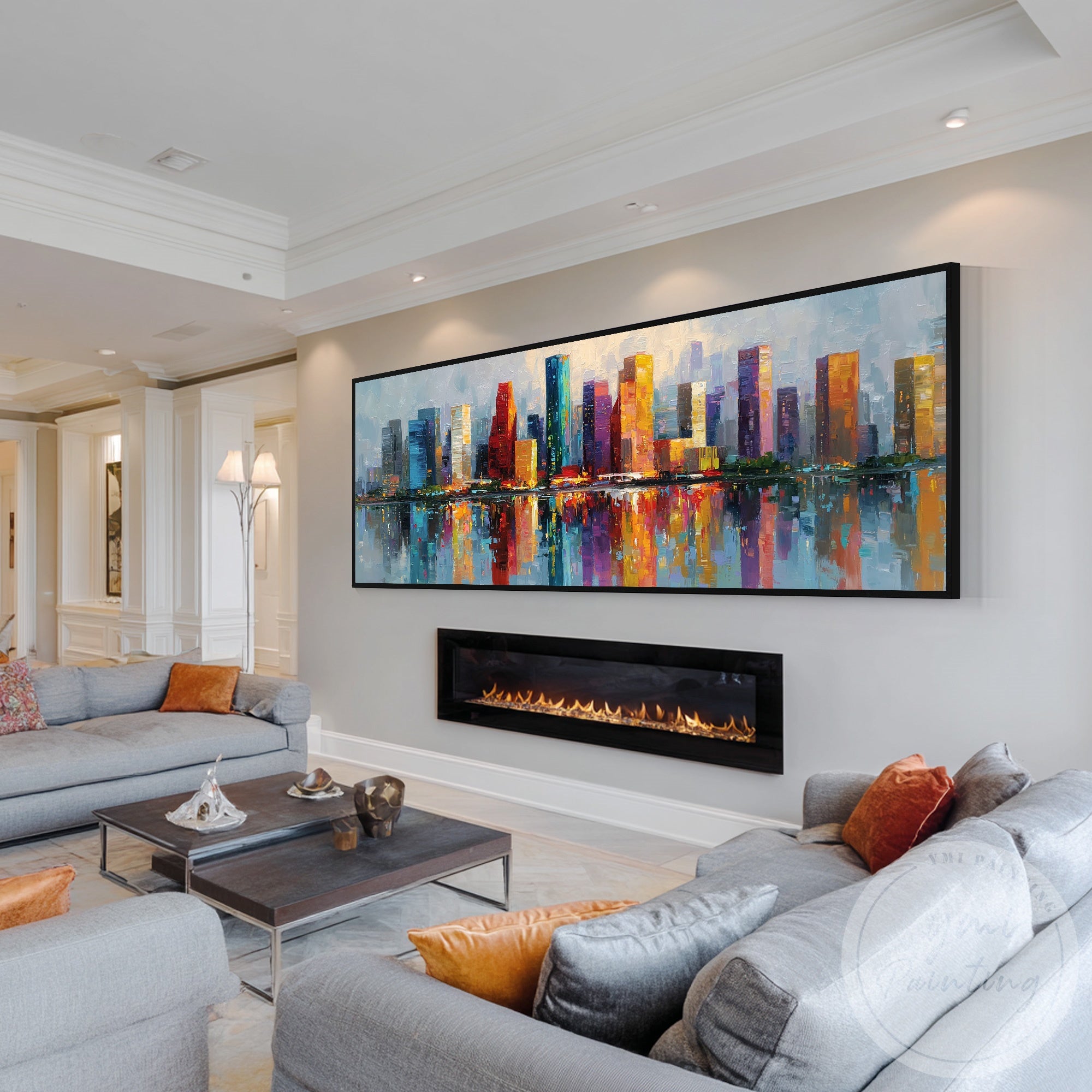 Long horizontal Houston cityscape painting modern wall decor