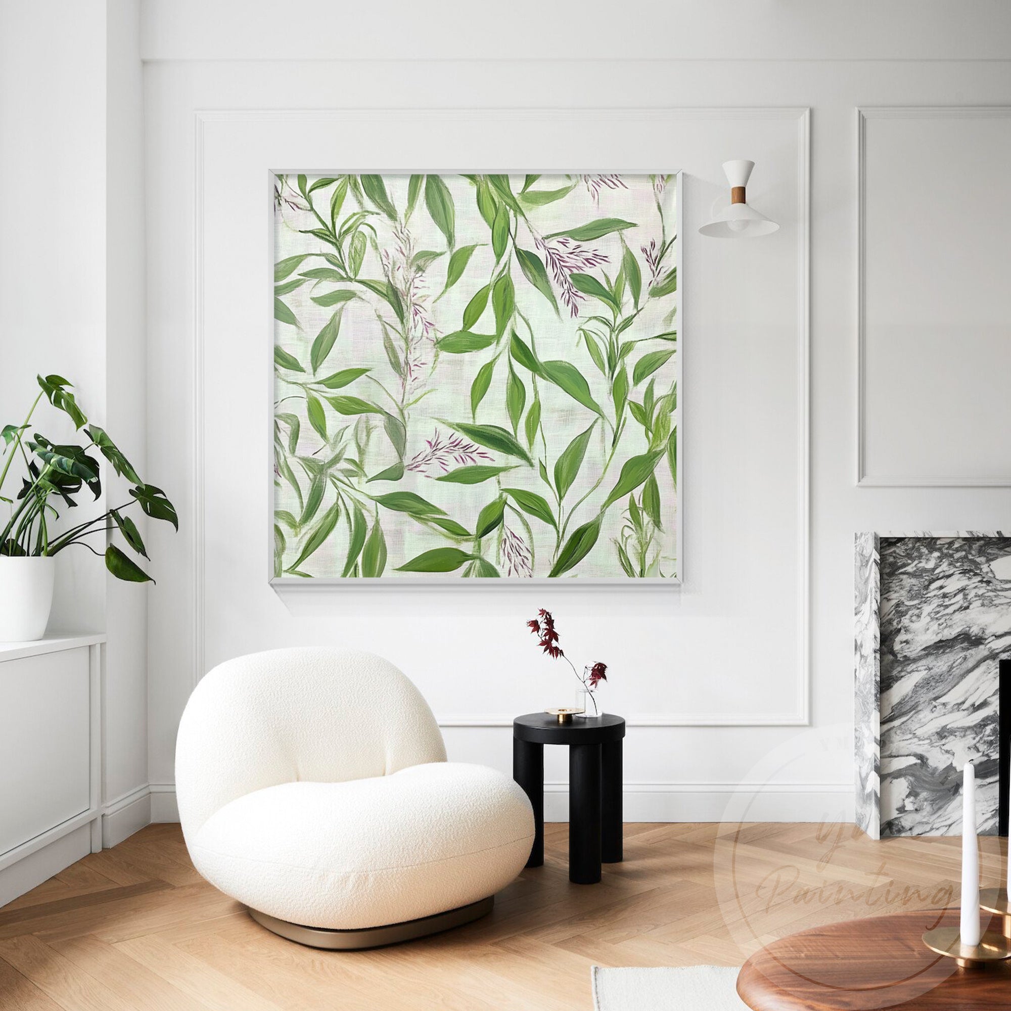 Detailed depiction of eucalyptus leaves showcasing leaves' movement in the minimalist living room.