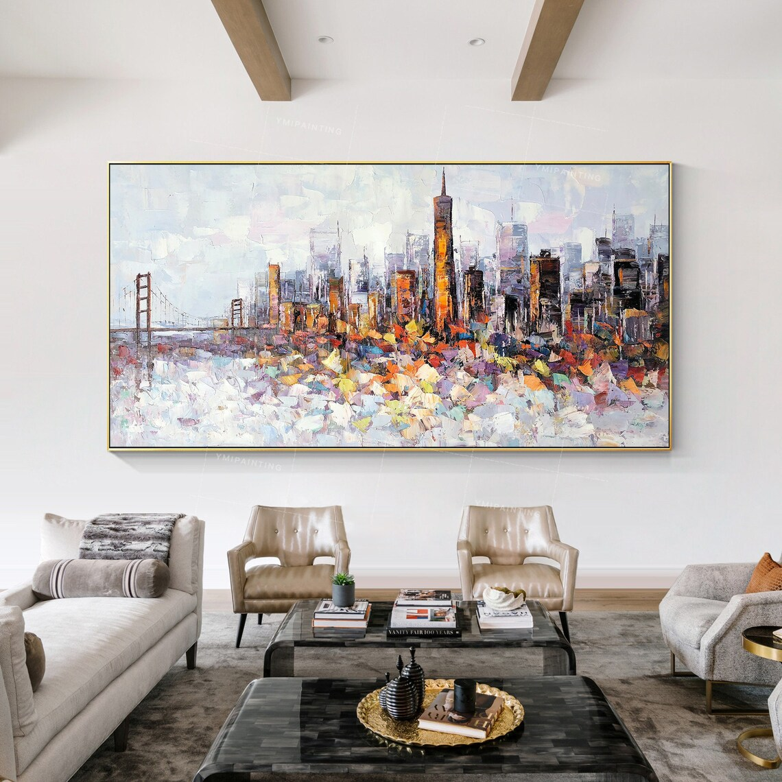 Framed canvas artwork of San Francisco in abstract cityscape style.