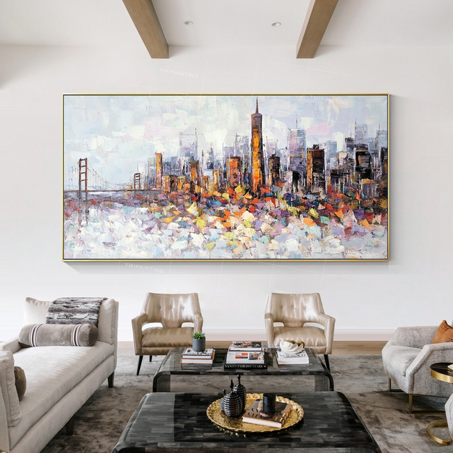 Framed canvas artwork of San Francisco in abstract cityscape style.