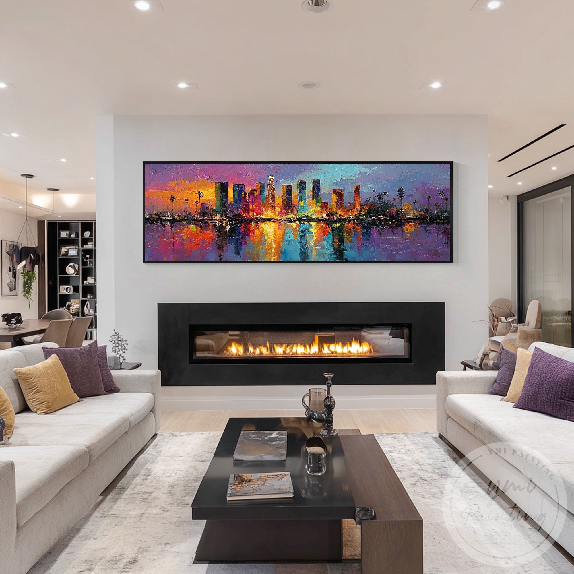 Hand painted Los Angeles skyline impasto wall art modern decor