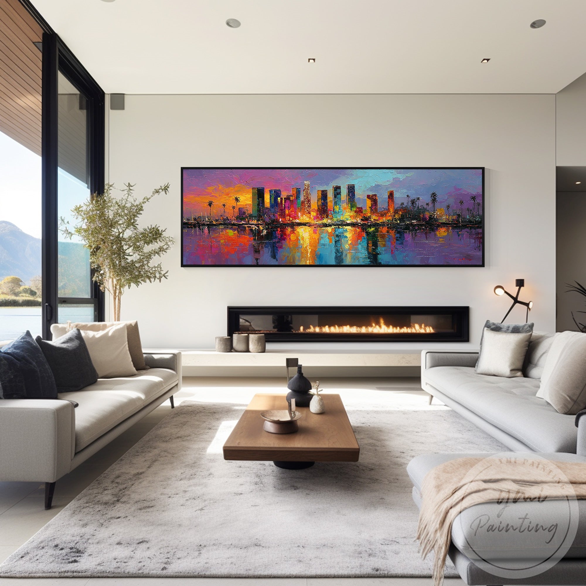 Modern LA skyline sunset painting textured impasto style art