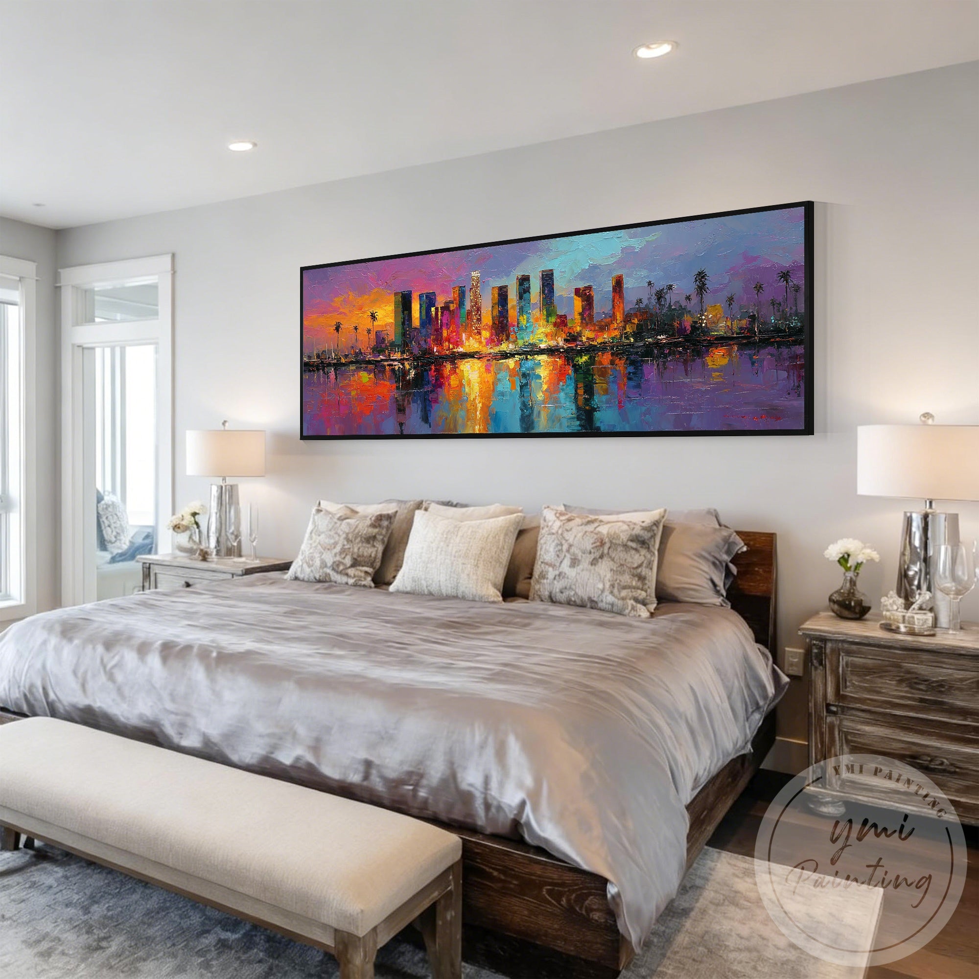 Long canvas cityscape painting Los Angeles urban sunset decor