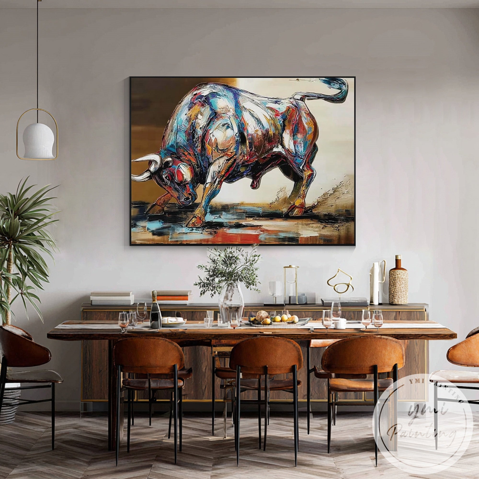 Modern impasto bull artwork for living room or office decor