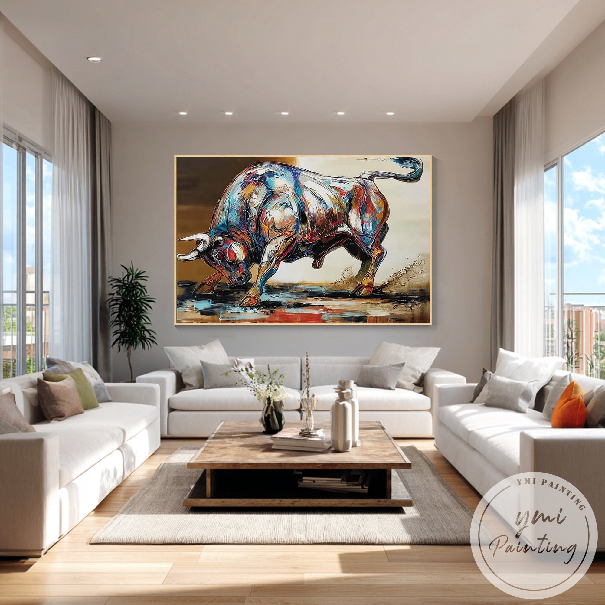 Colorful abstract animal painting bull textured canvas art
