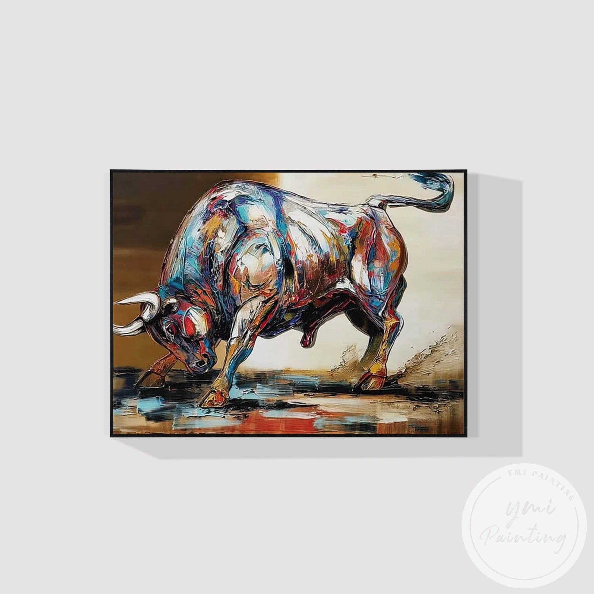 Dynamic colorful bull painting for modern interior spaces